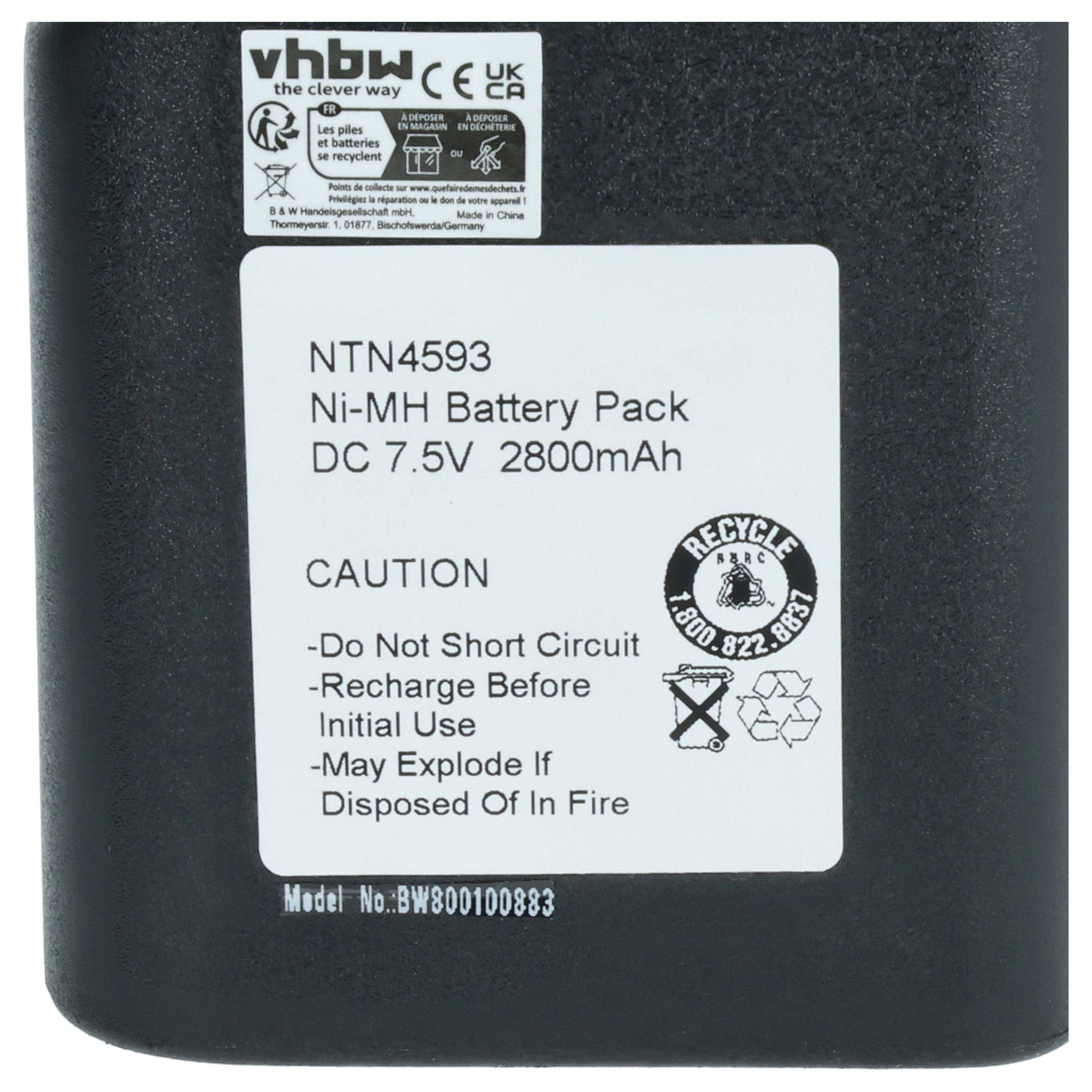 Ein schwarzes Ni-MH-Batteriepack mit der Beschriftung „NTN4593, DC 7,5V, 2800mAh
