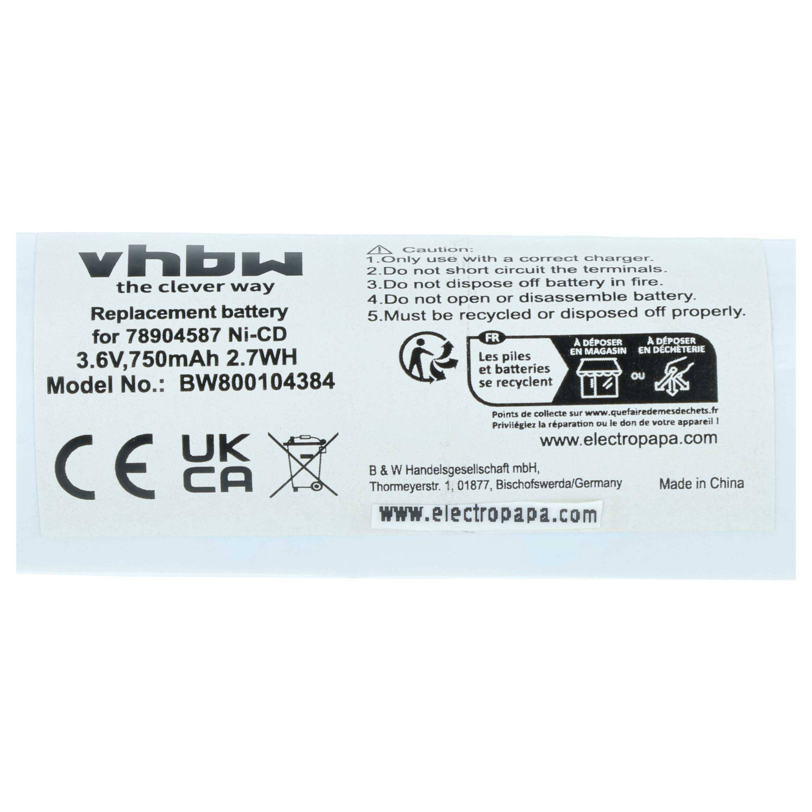 vhbw 2x Akku Ersatz für Welch Allyn 78904587 für Medizintechnik (750 mAh, 3,6 V, NiCd)