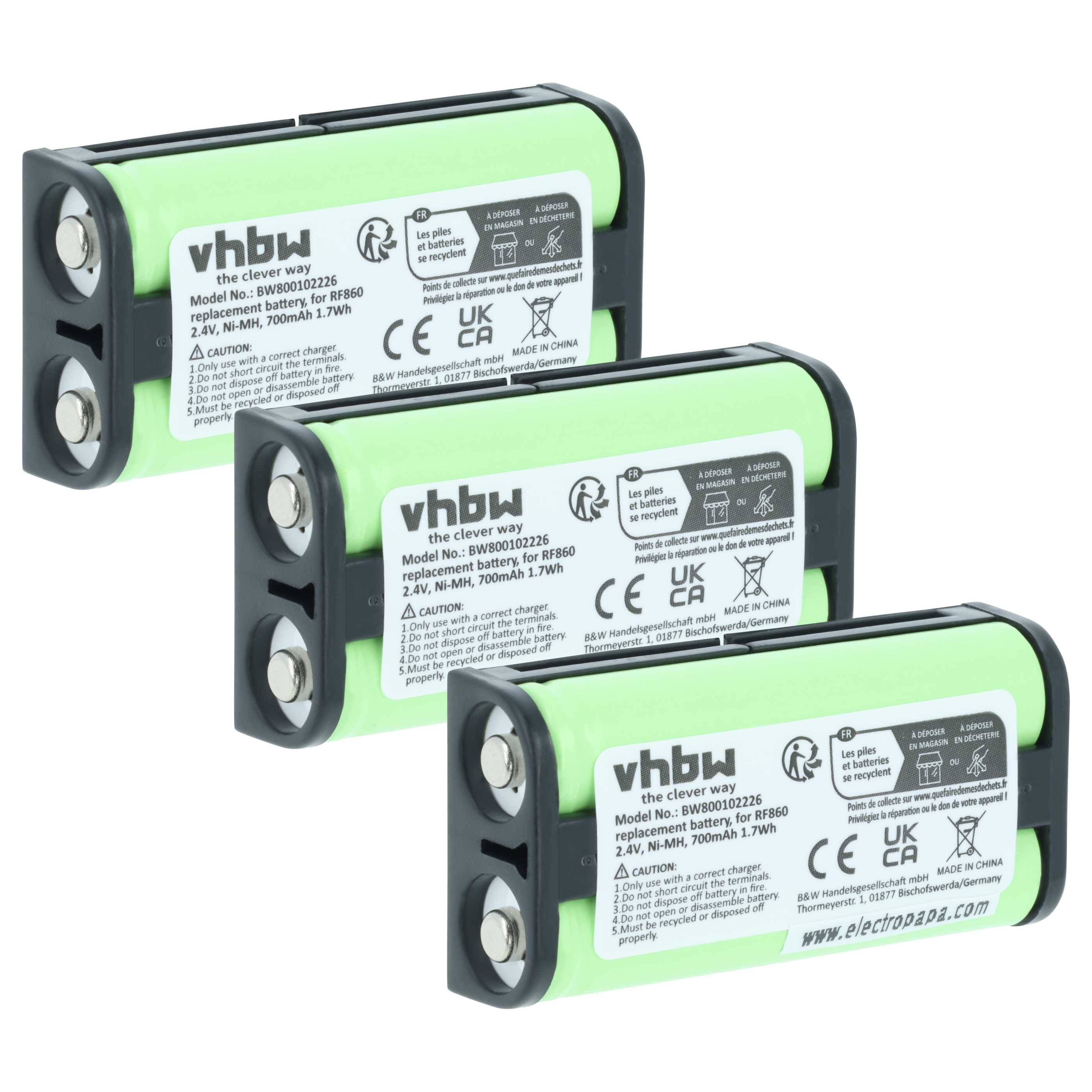 vhbw 3x Akku kompatibel mit Sony MDR-RF811, MDR-RF810RK, MDR-RF811F, MDR-RF811K Wireless Headset Kopfhörer (700 mAh, 2,4 V, NiMH)