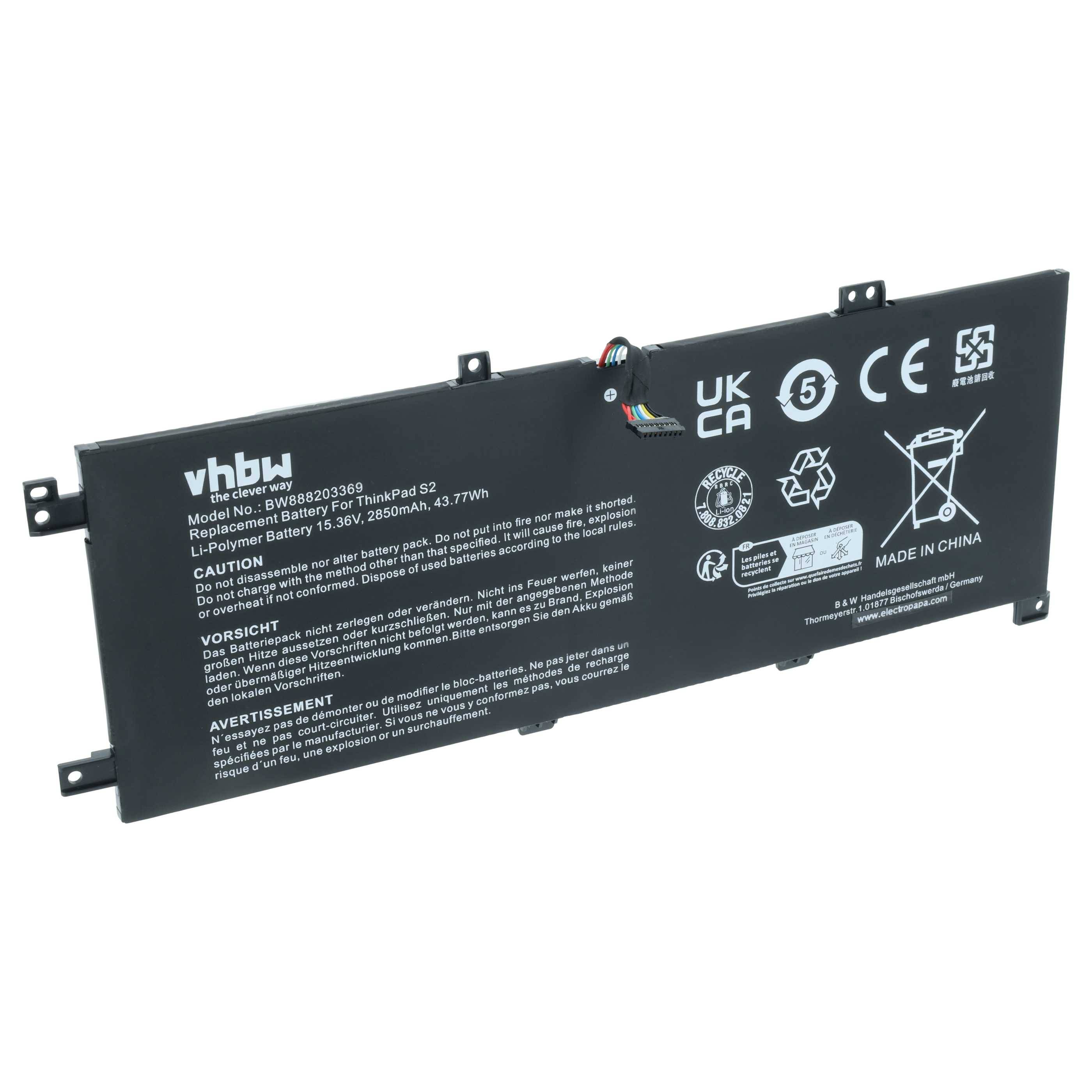Laptop-Akku mit Bezeichnung 'vhbw', Modellnummer BRVN8493JP3469, 15,36V, 7800mAh, 47,77Wh, Ersatz für Dell 12 5280, mit Sicherheitshinweisen.