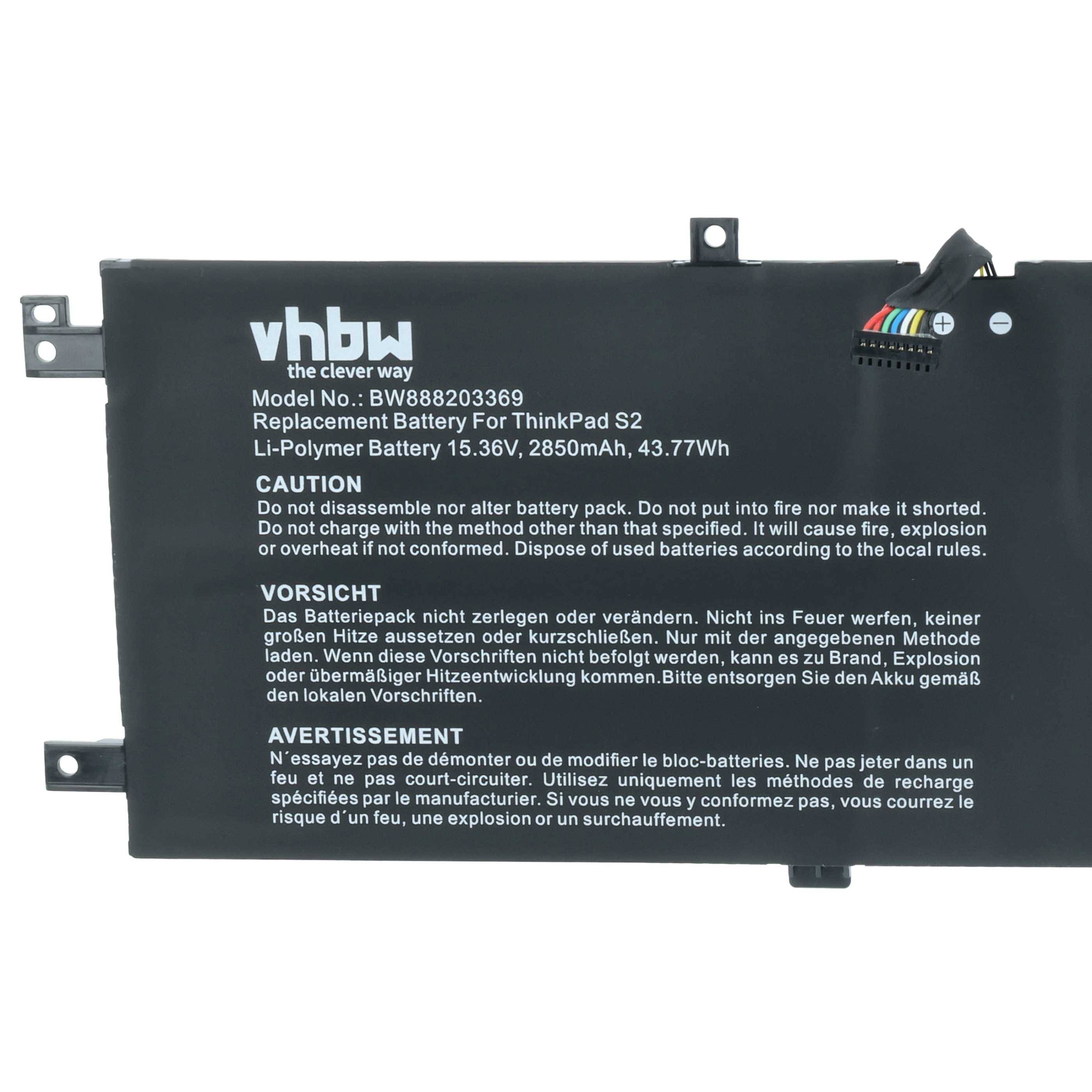 vhbw der klare Weg' Ersatzakku für ThinkPad S2. Modell BWB88203369. Li-Polymer, 15,36V, 2850mAh, 43,77Wh. Enthält Vorsichts- und Warnhinweise in mehreren Sprachen.