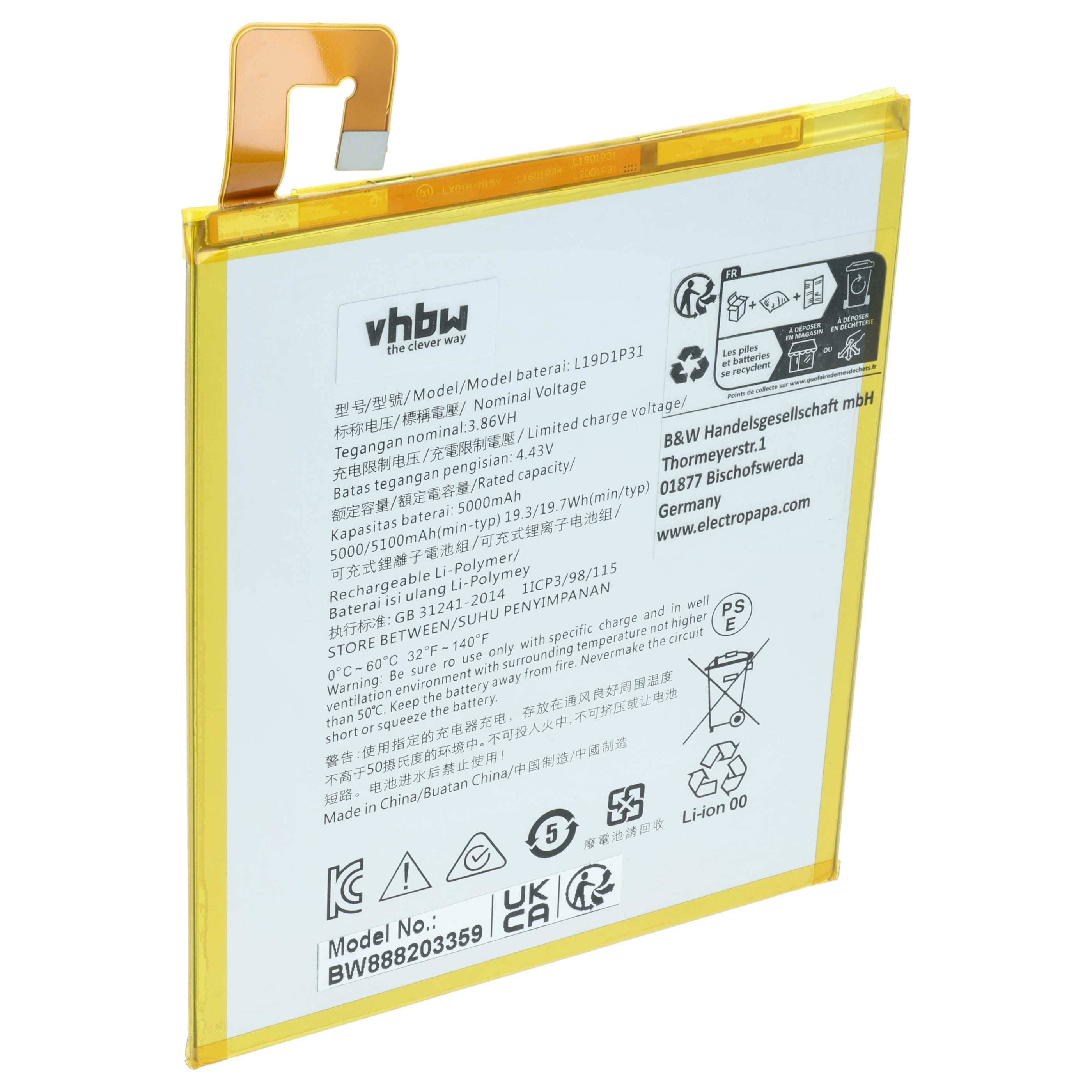 vhbw Akku Ersatz für Lenovo L19D1P31 für Tablet Pad (4900mAh, 3,85V, Li-Polymer)