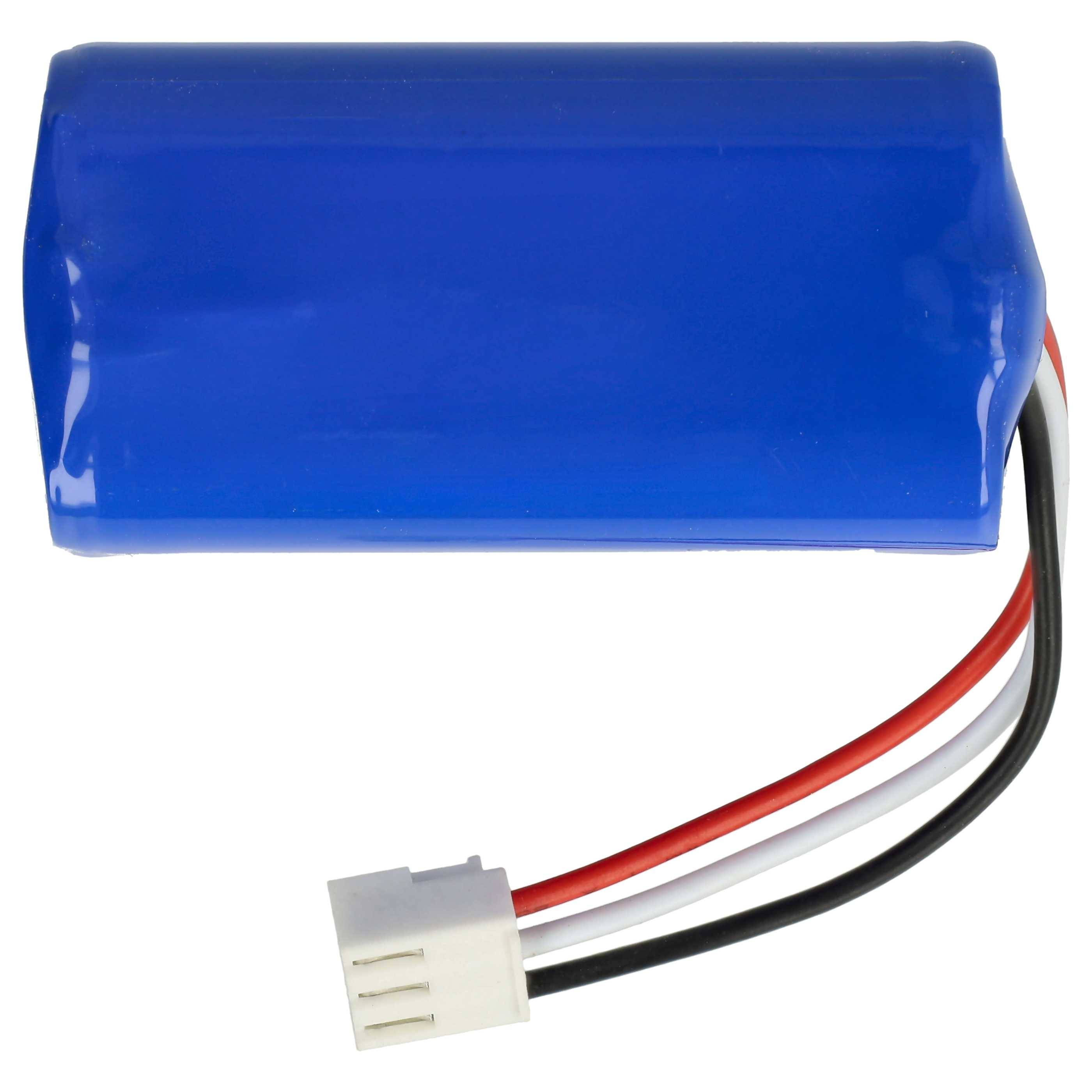 Eine blaue Lithium-Ionen-Batterie mit roten, schwarzen und weißen Drähten, die in einem weißen Stecker enden.