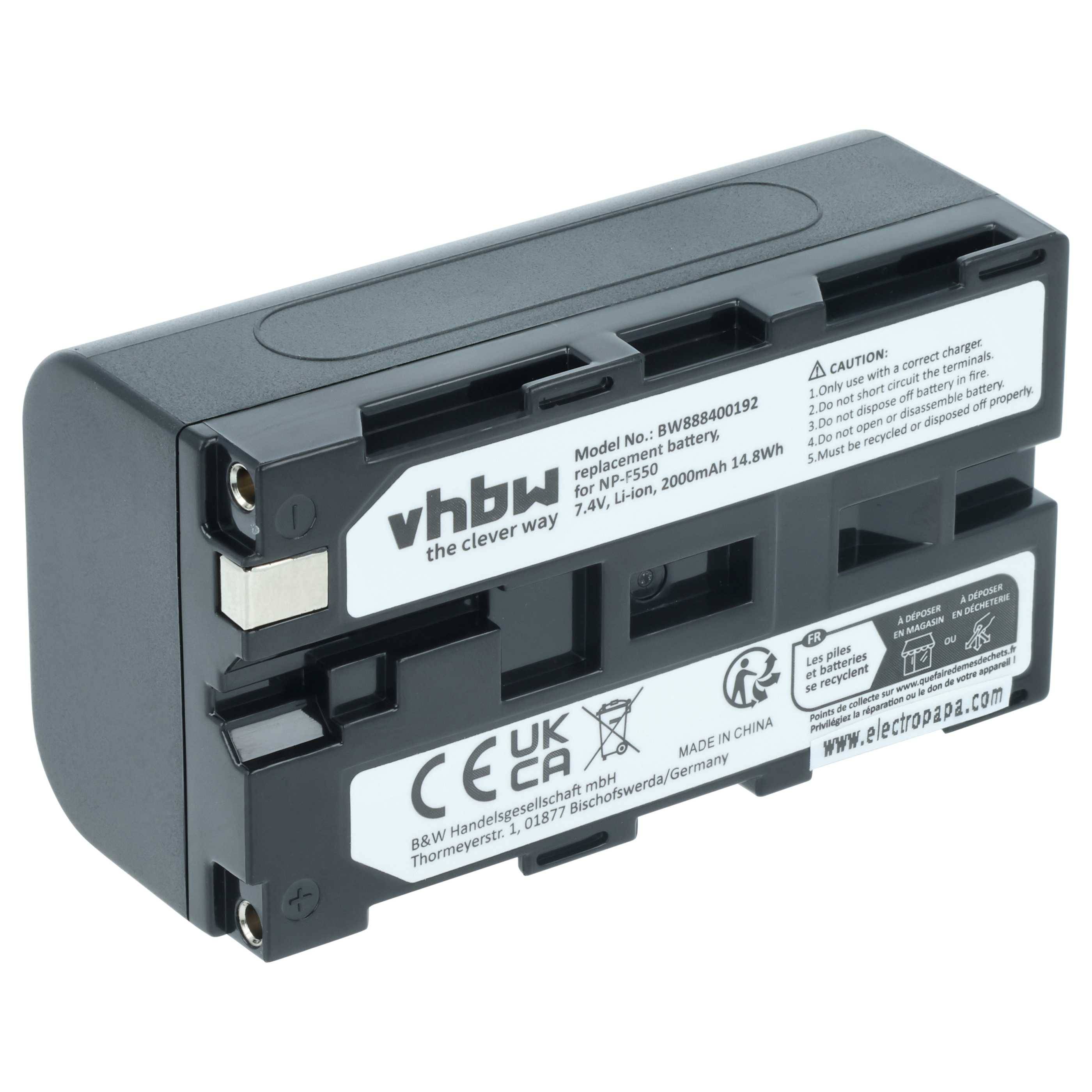 Wiederaufladbare Akku für Panasonic Camcorder, Li-Ion, 2000mAh, 14,8Wh, 7,4V. Modell: VW-VBG6 von vhbw. Schwarzes Gehäuse mit Etiketten.
