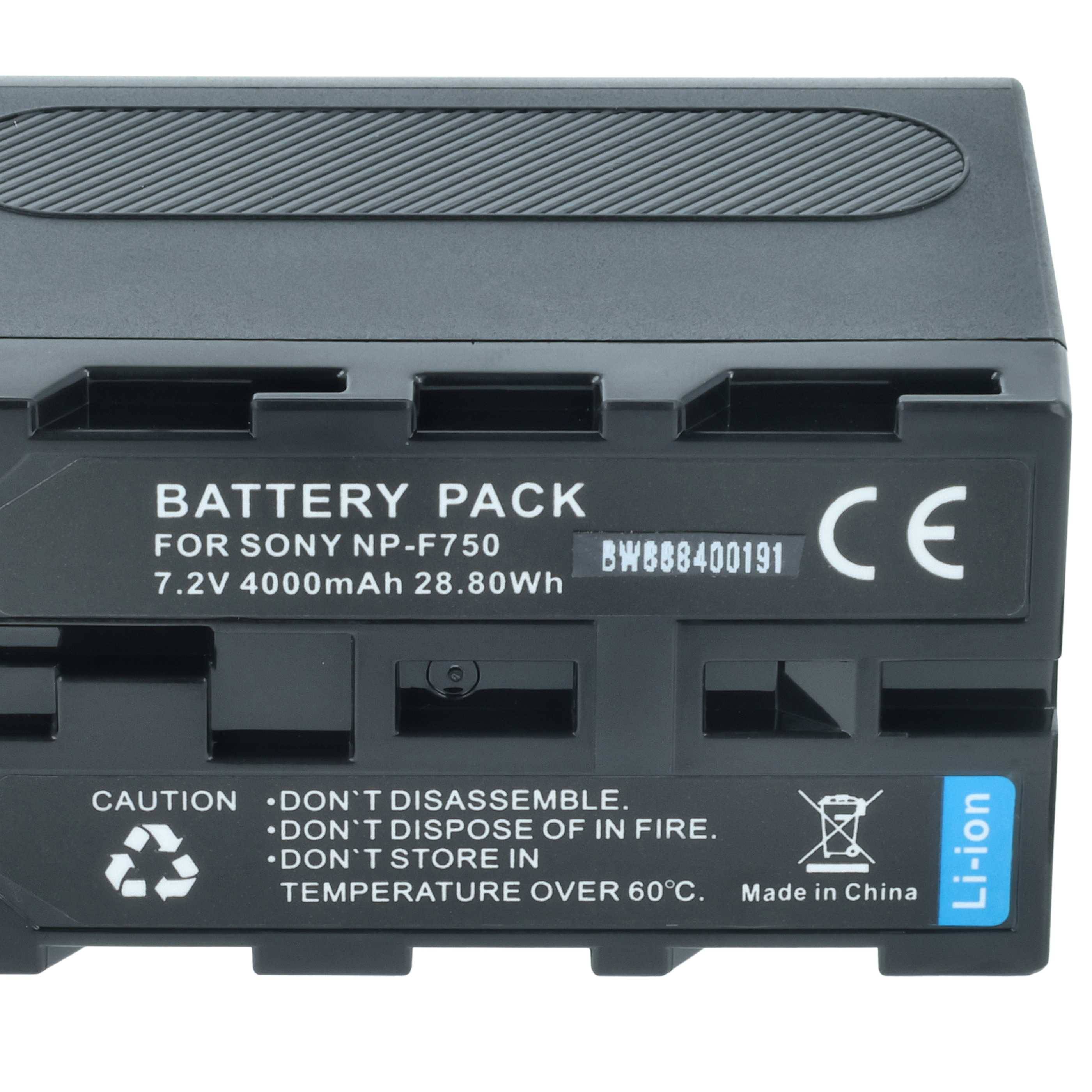 Akkupack für Sony NP-F750, 7,2V 4000mAh 28,8Wh. Schwarzer Akku mit Warnhinweis: 