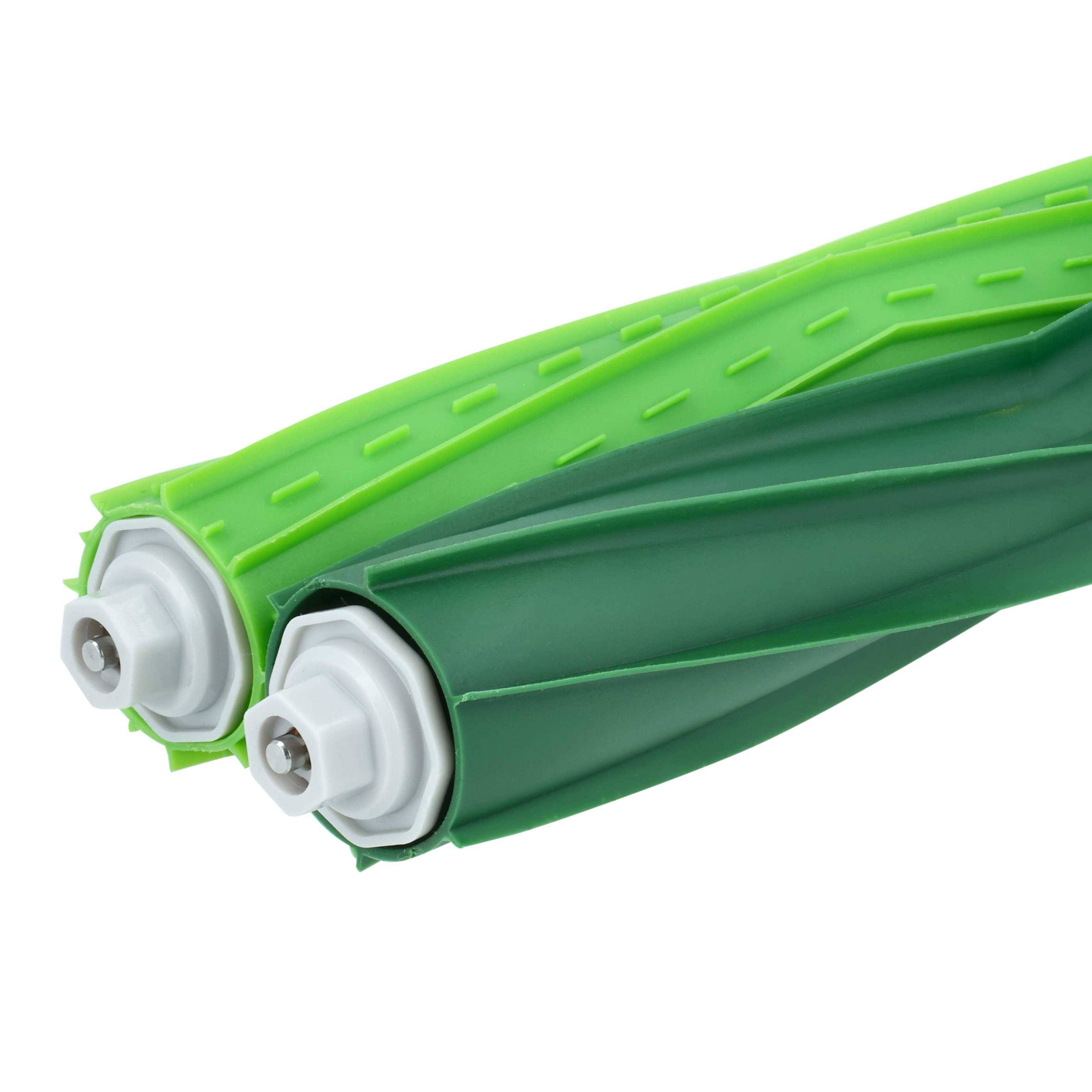 Zwei grüne Staubsauger-Walzenbürsten mit weißen Anschlüssen, entwickelt für die Schmutzaufnahme und effiziente Reinigung.