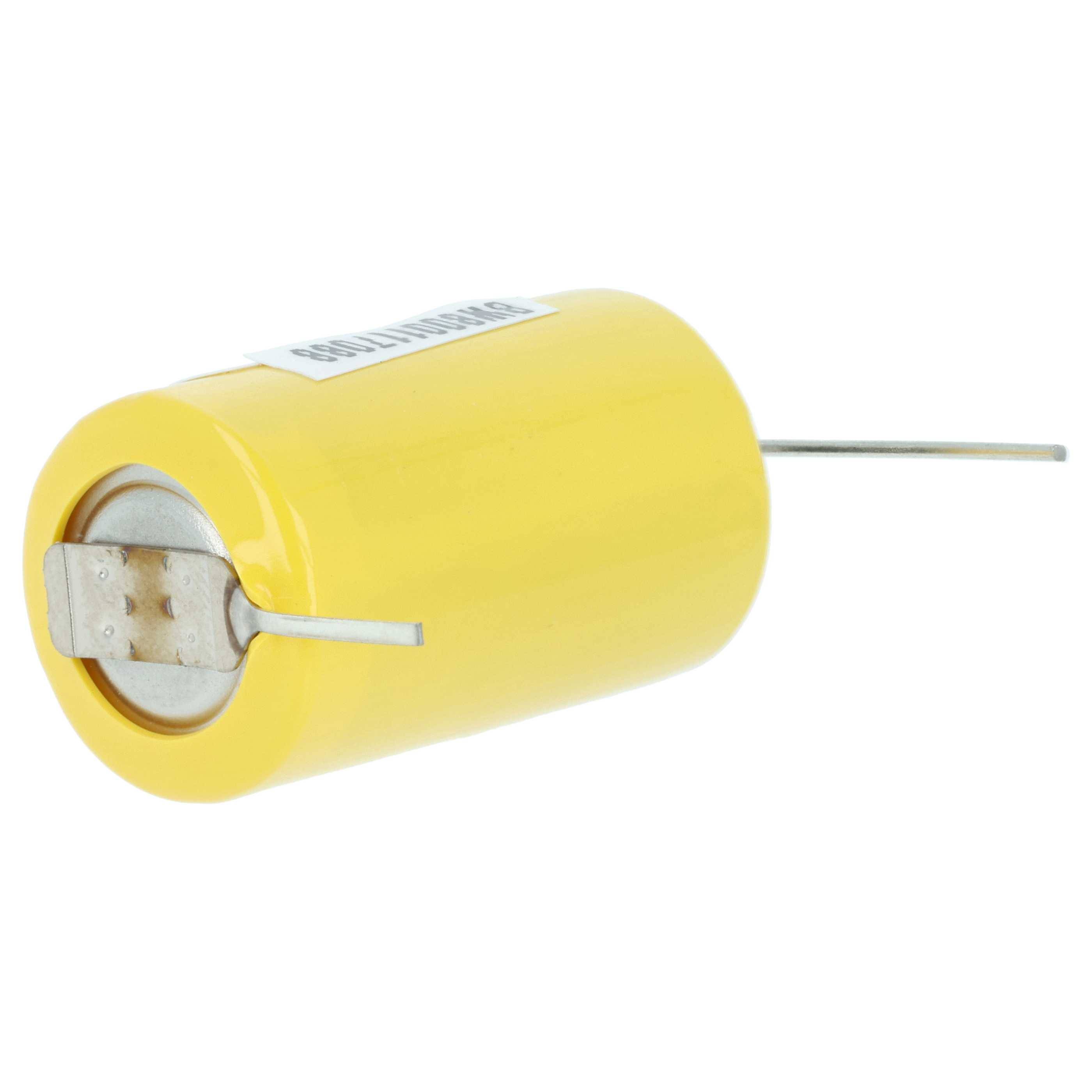 Ein gelber zylindrischer Kondensator mit zwei Metallführungen, der auf seiner Seite liegend dargestellt wird, wobei eine Führung nach links und die andere nach rechts zeigt.