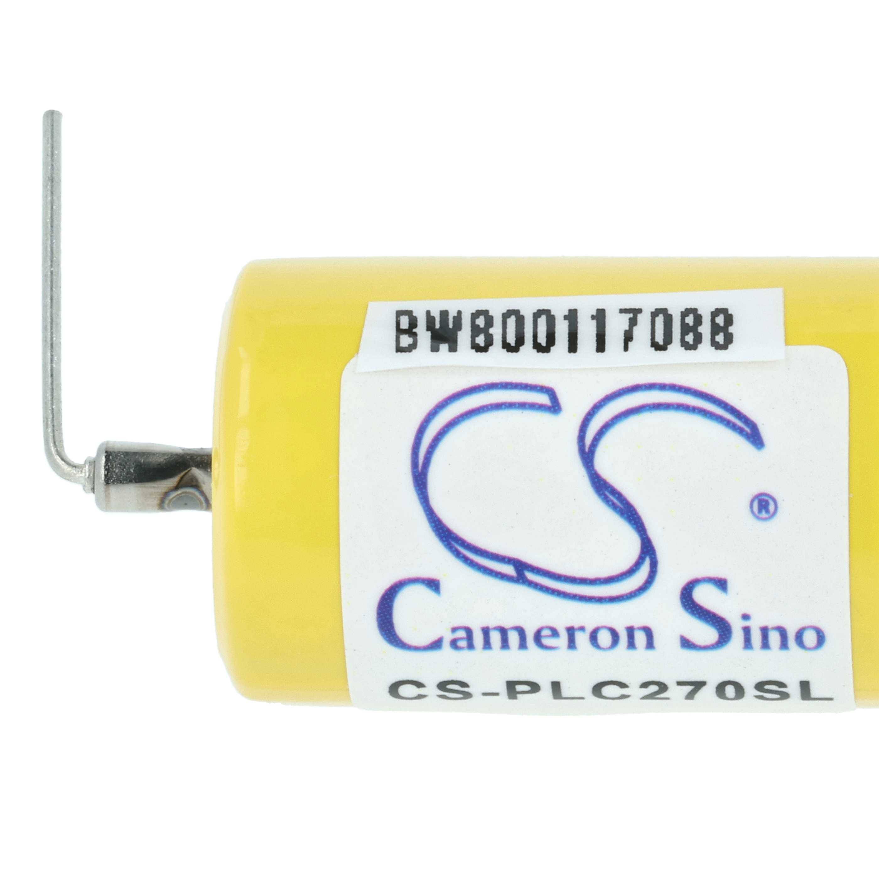 Eine gelbe Batterie mit der Beschriftung 'Cameron Sino CS-PLC270SL' mit einem Metalldraht-Anschluss an einer Seite.