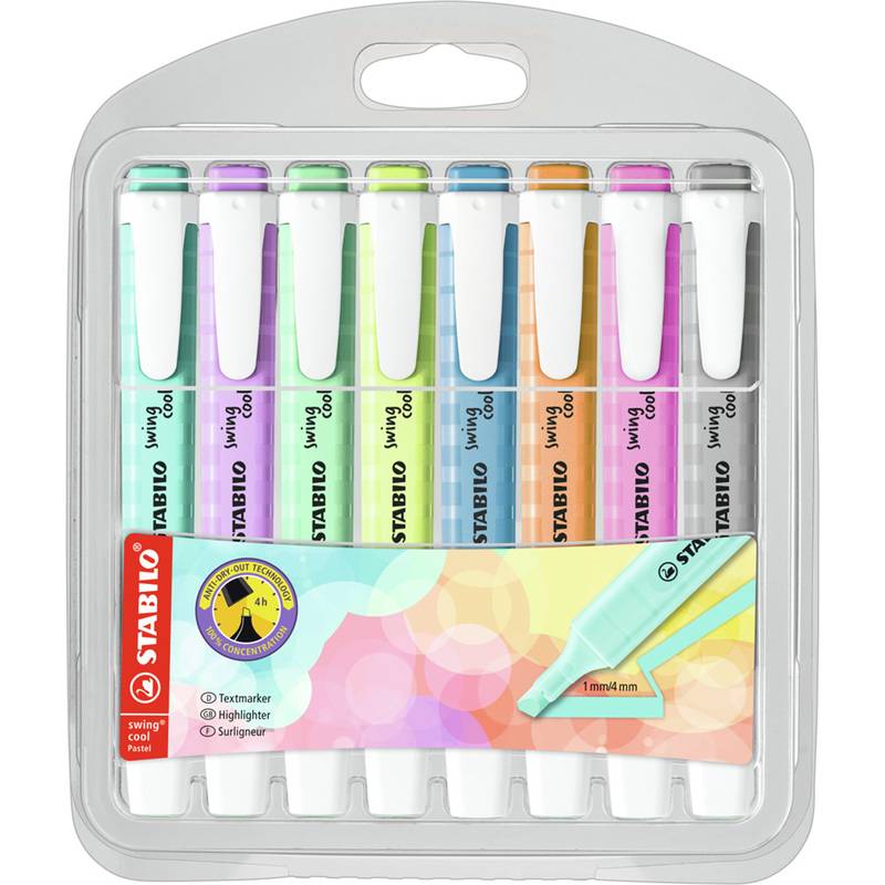 Packung mit acht STABILO Swing Cool Pastellmarker in verschiedenen Farben, gezeigt in durchsichtiger Einzelhandelsverpackung aus Kunststoff.