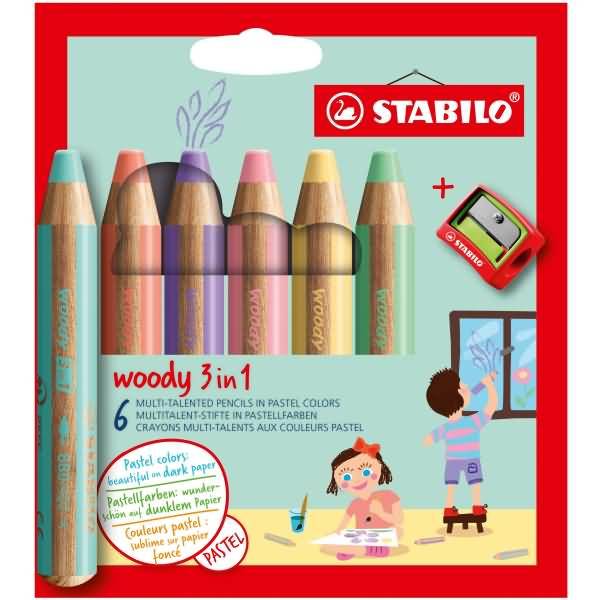 Holzfarbstift woody 3 in 1 Etui 10mm sortiert VE=6 Stifte + 1 Spitzer