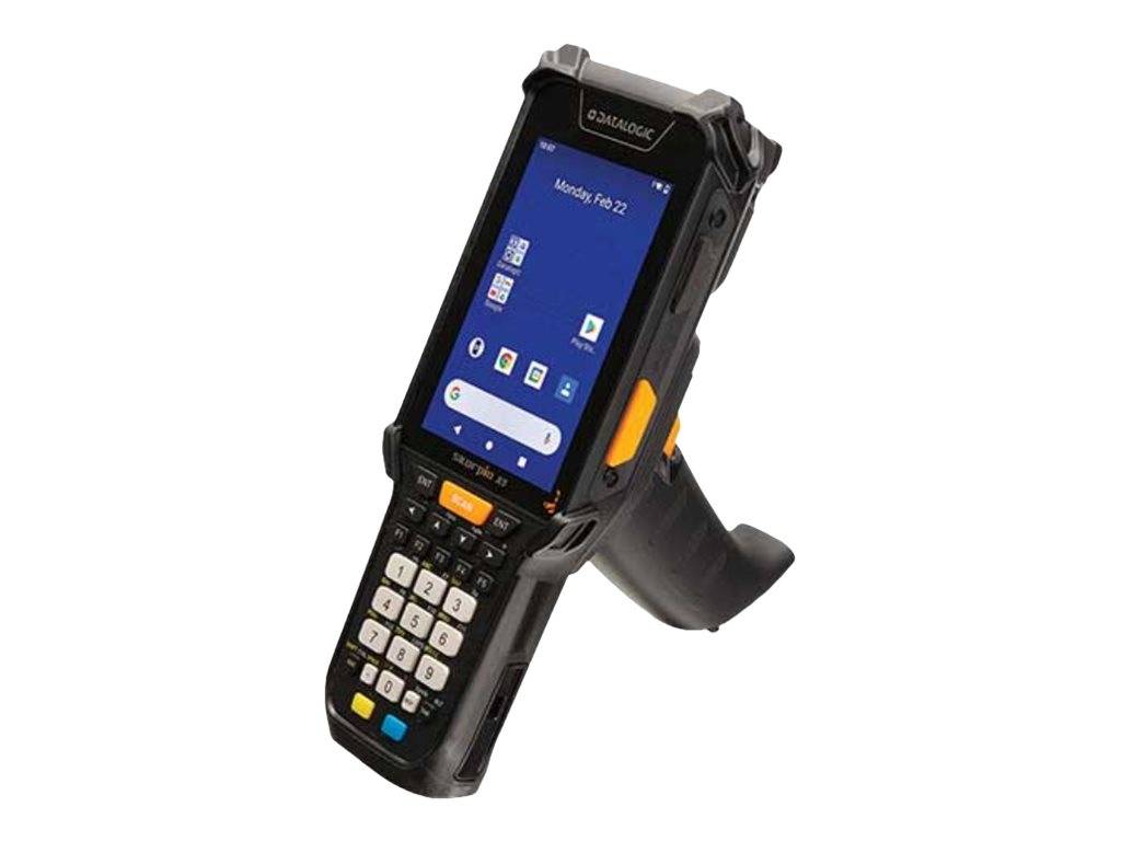 Robustes tragbares Android-Barcode-Scanner-Terminal mit Touchscreen, physischer Tastatur und Pistolengriff auf weißem Hintergrund.