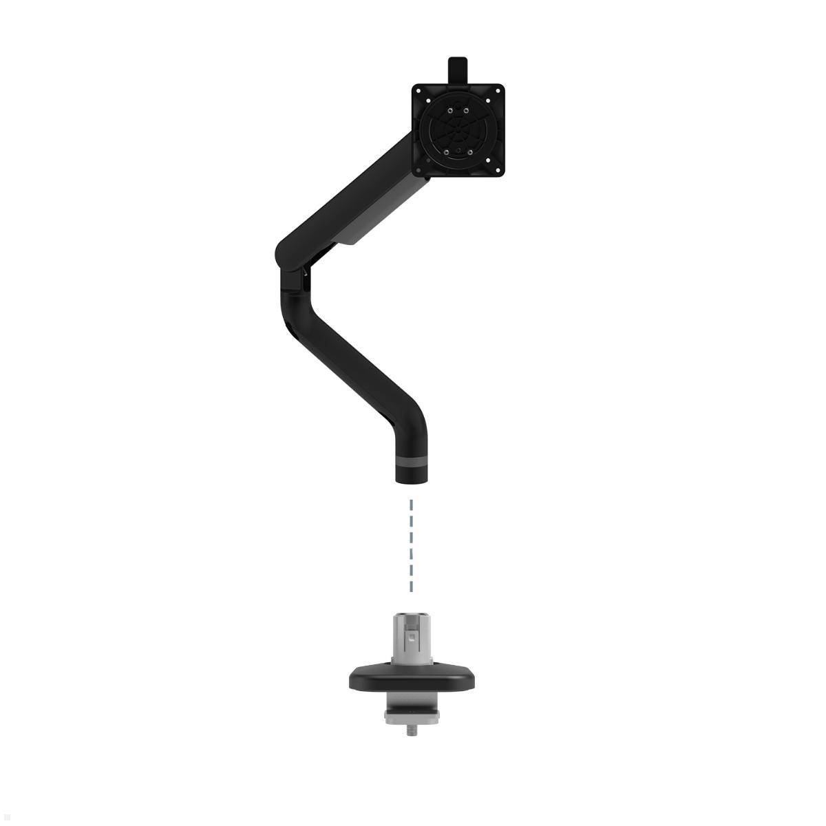 Bild eines verstellbaren Monitorarms mit VESA-Montageanadapter, das den Befestigungsmechanismus für ein Schreibtischaufbau zeigt.