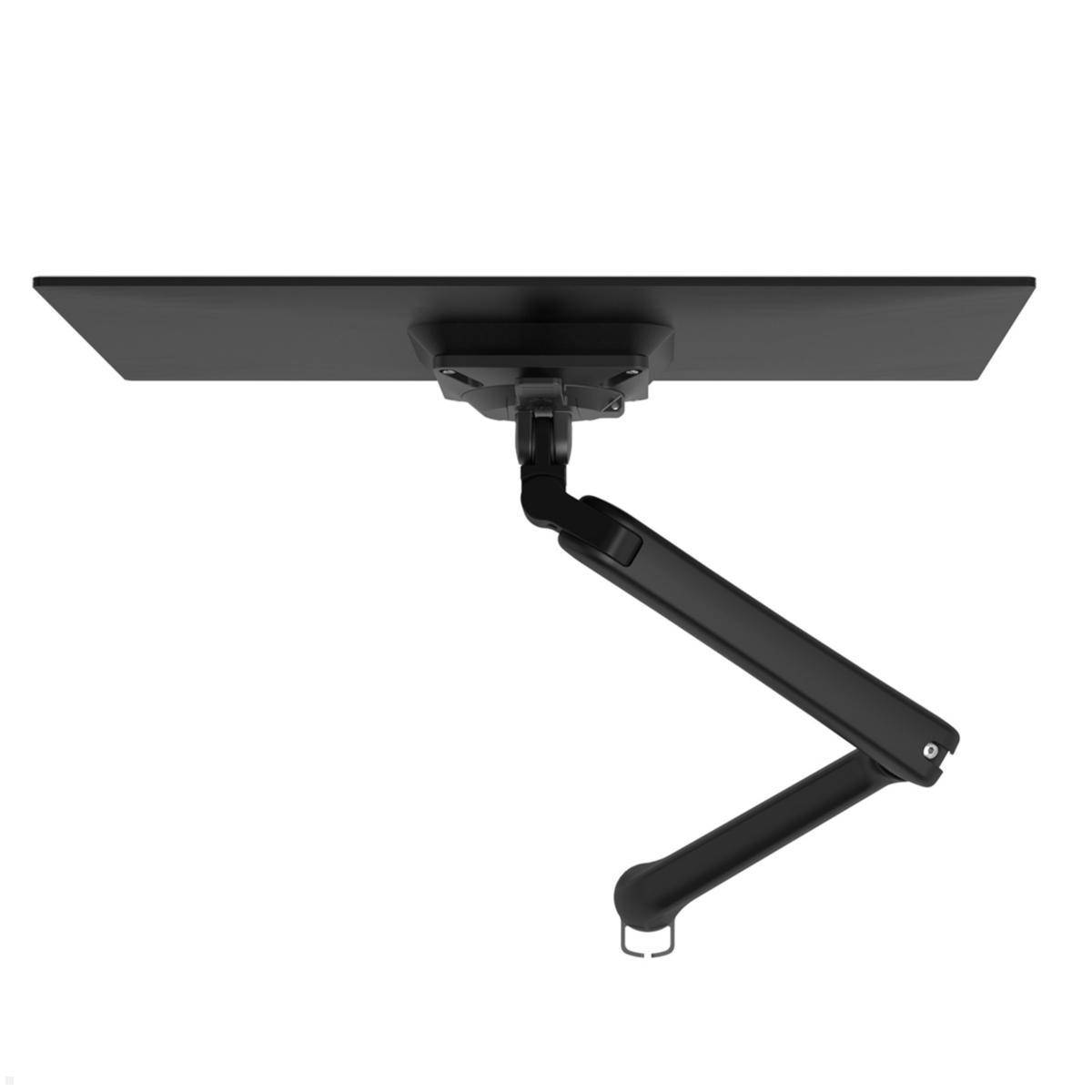 Seitenansicht eines schwarzen Monitorarms, der an einem Monitor befestigt ist und seinen verstellbaren Mechanismus für flexible Positionierung zeigt.