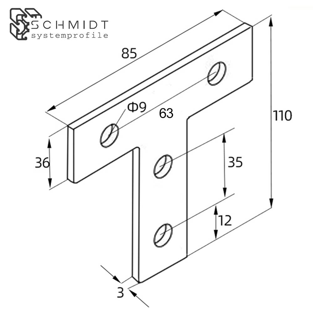 SCHMIDT systemprofile Verbinderplatte T 110x85x36mm Nut 8 Stahl verzinkt Verbindungsplatte Aluprofil-Zubehör