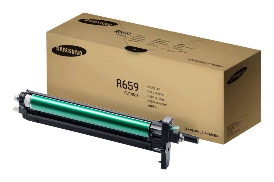 Samsung R659 Laserdrucker-Trommelpatrone mit ihrer beigen Produktverpackung dahinter.