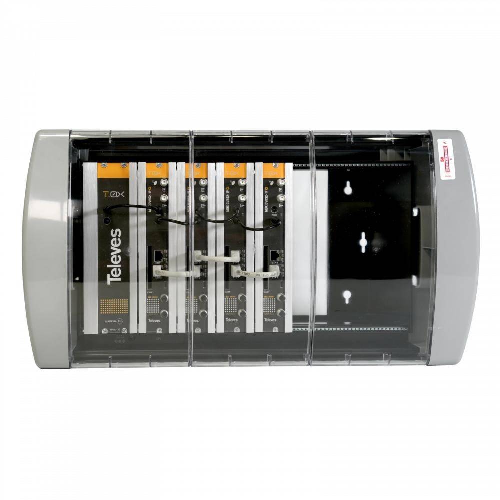 Eine an der Wand montierte elektrische Verteilerdose mit drei vertikal angeordneten, beschrifteten Schaltern, an der die Marke 'Televes' sichtbar ist.