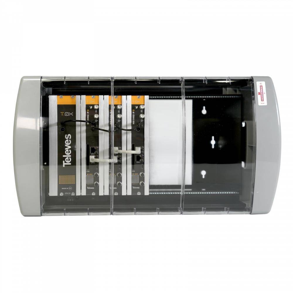 Satelliten-Signalverteilerdose mit transparentem Deckel, der die internen Komponenten zeigt und den Markennamen 'Televes' auf den Modulen trägt.