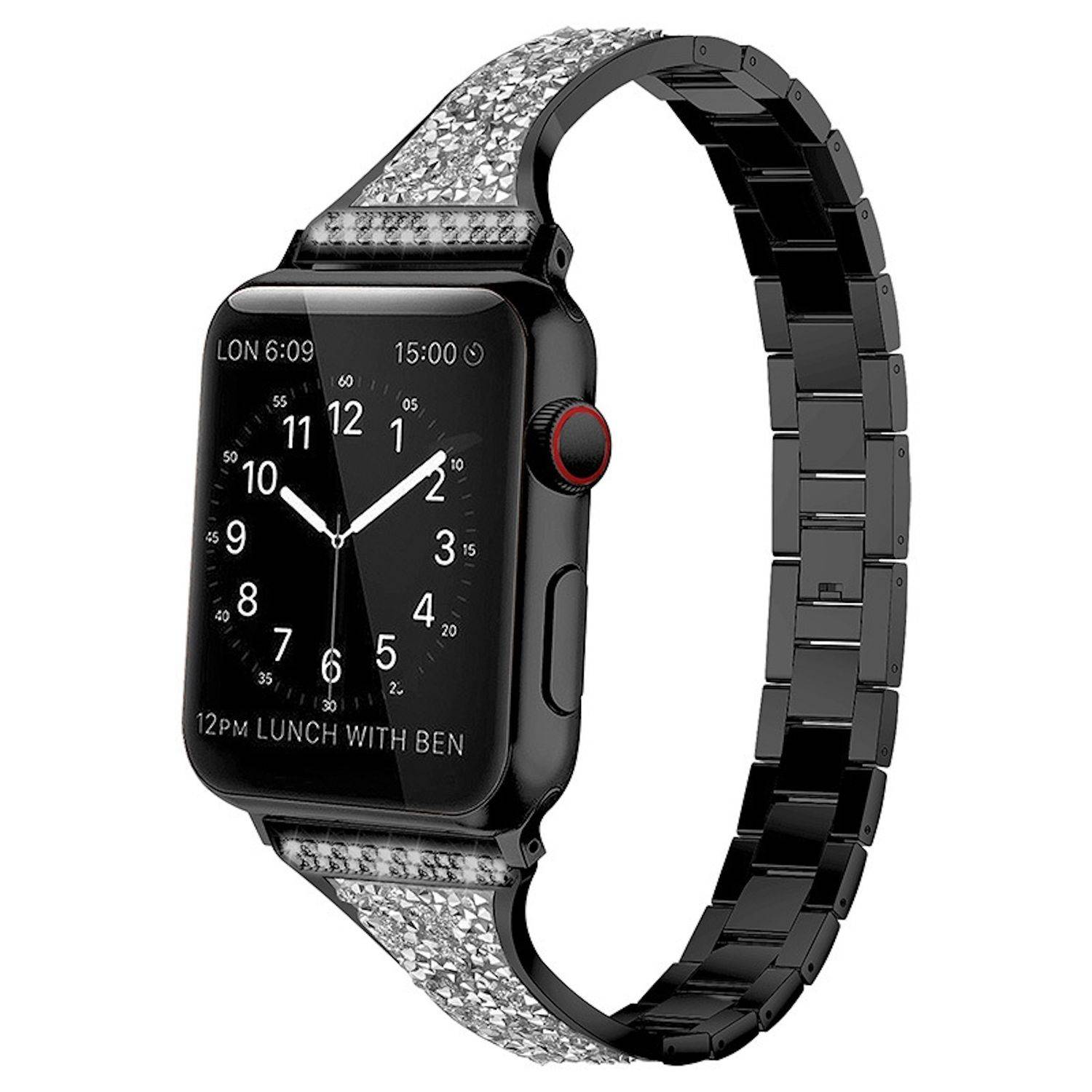 Schwarze Apple Watch mit analogem Zifferblatt und silbernem Glitterarmband auf weißem Hintergrund.