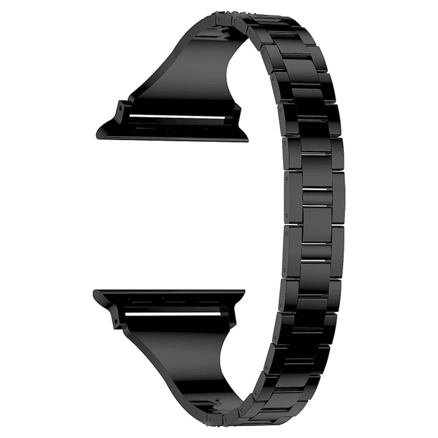 Schwarzes Metalluhrenarmband mit Verschluss, geöffnet auf weißem Hintergrund dargestellt.