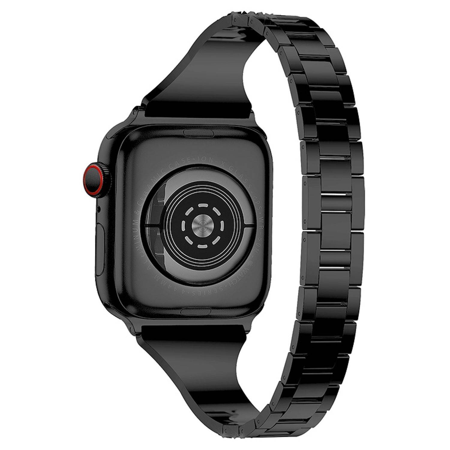 Schwarze Smartwatch mit glänzendem Metallgliedband, von hinten vor weißem Hintergrund gezeigt.