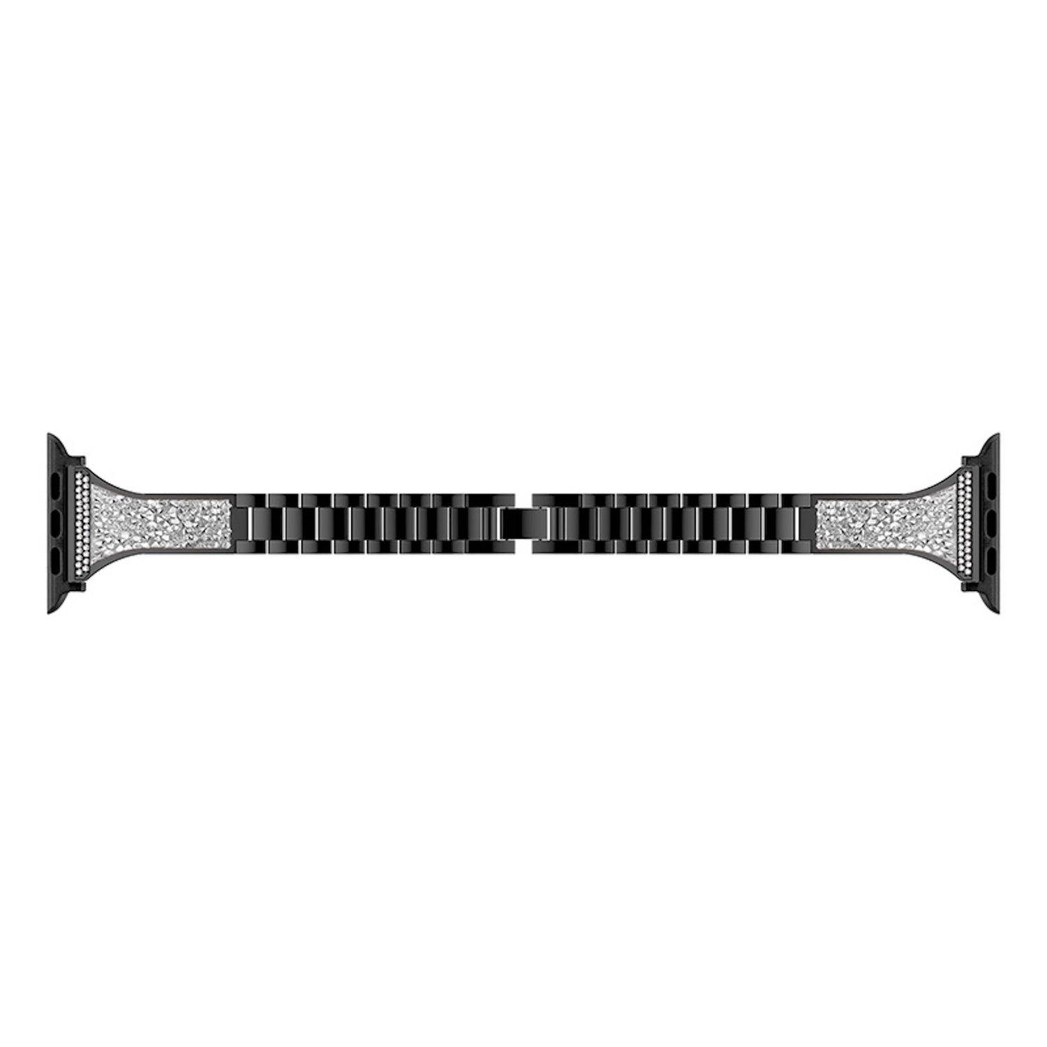 Schwarzes Apple Watch Armband mit silbernen glitzernden Endverbindern, horizontal auf weißem Hintergrund dargestellt.