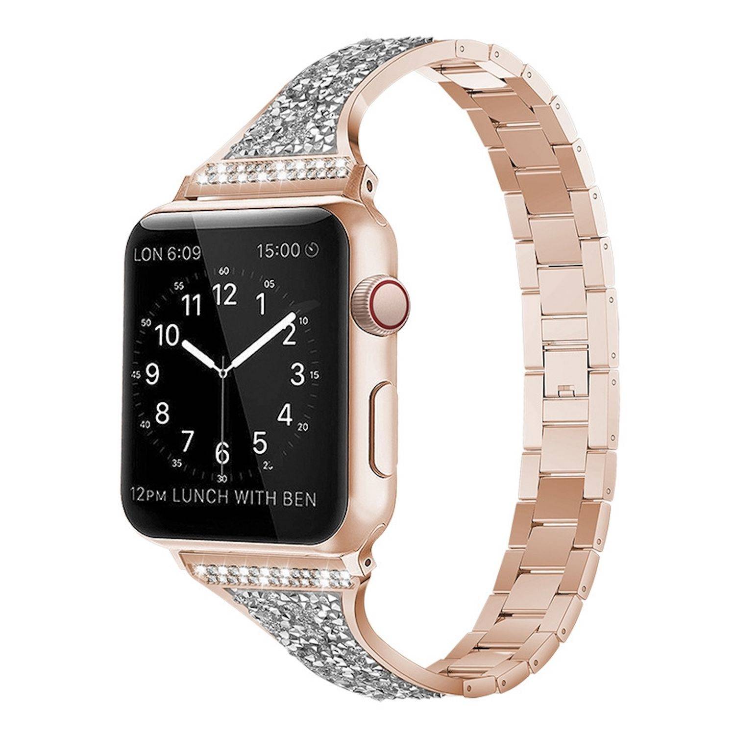 Roségoldene Smartwatch mit verziertem Armband und schwarzem Analog-Ziffernblatt mit der Uhrzeit 6:09 und Kalendertext „MITTAGESSEN MIT BEN