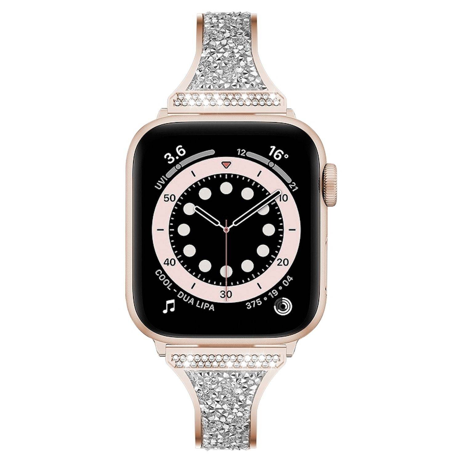Eine Roségold-Apple Watch mit diamantbesetztem Armband, das ein schwarzes und rosa 'DUA LIPA' Zifferblatt mit Zeigern im analogen Stil und Temperaturdetails anzeigt.