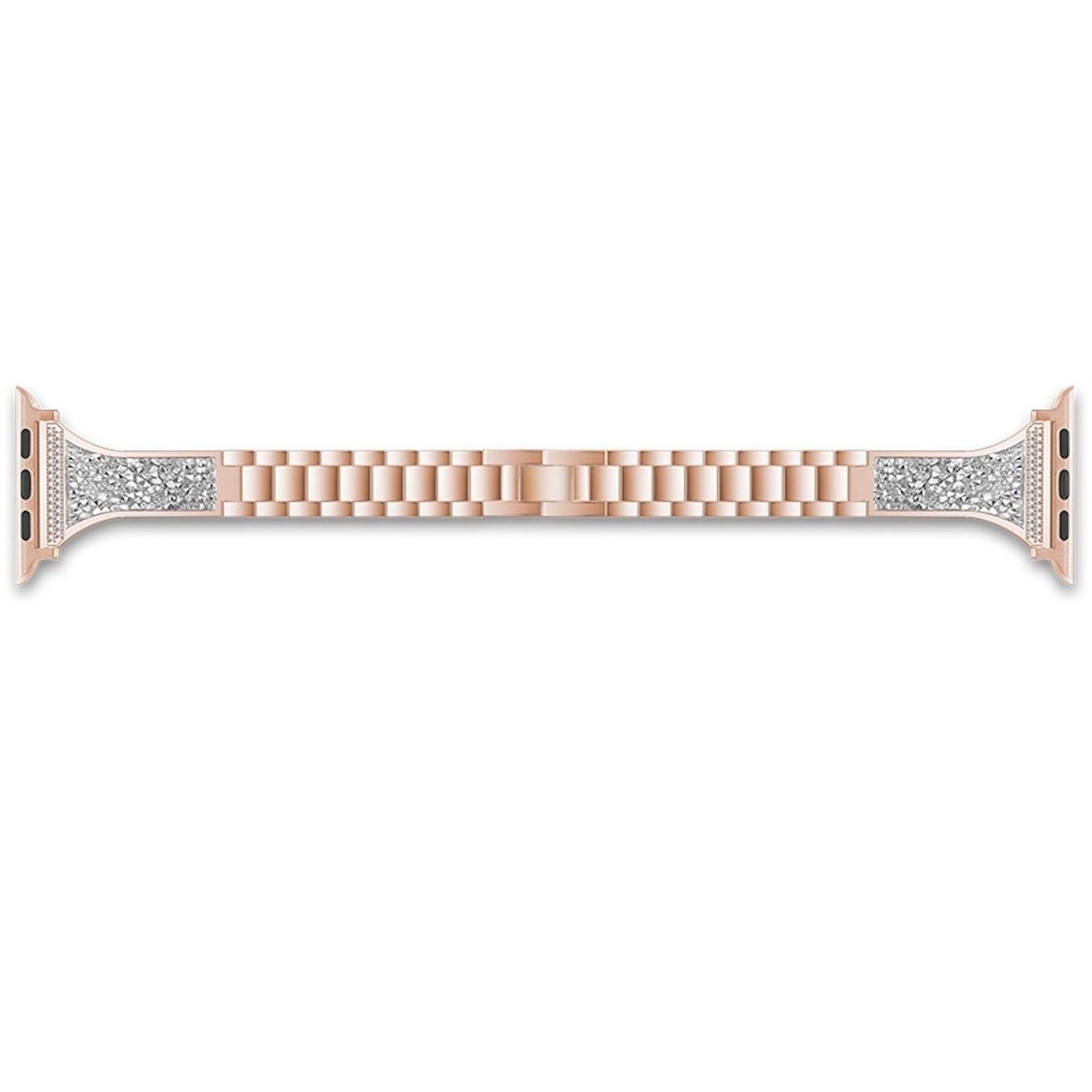 Roségoldfarbenes Metalluhrenarmband mit Gliederkette und funkelnden Endverbindern auf weißem Hintergrund.