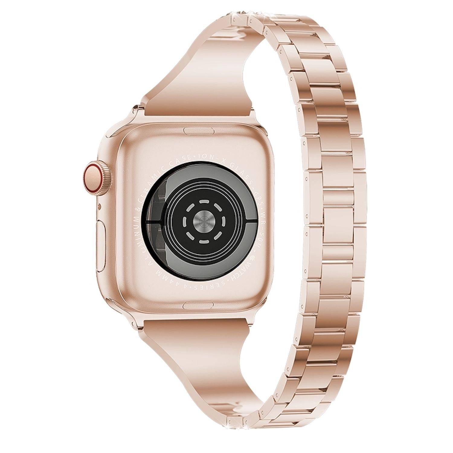 Rosagoldene Smartwatch von hinten gezeigt, wobei der kreisförmige Sensor auf dem Gehäuse und das passende Metallarmband auf weißem Hintergrund hervorgehoben werden.