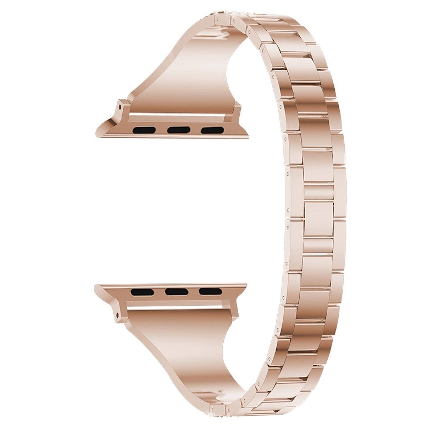 Roségoldfarbenes Metallband für Smartwatch mit verstellbarem Verschluss, gezeigt auf weißem Hintergrund.