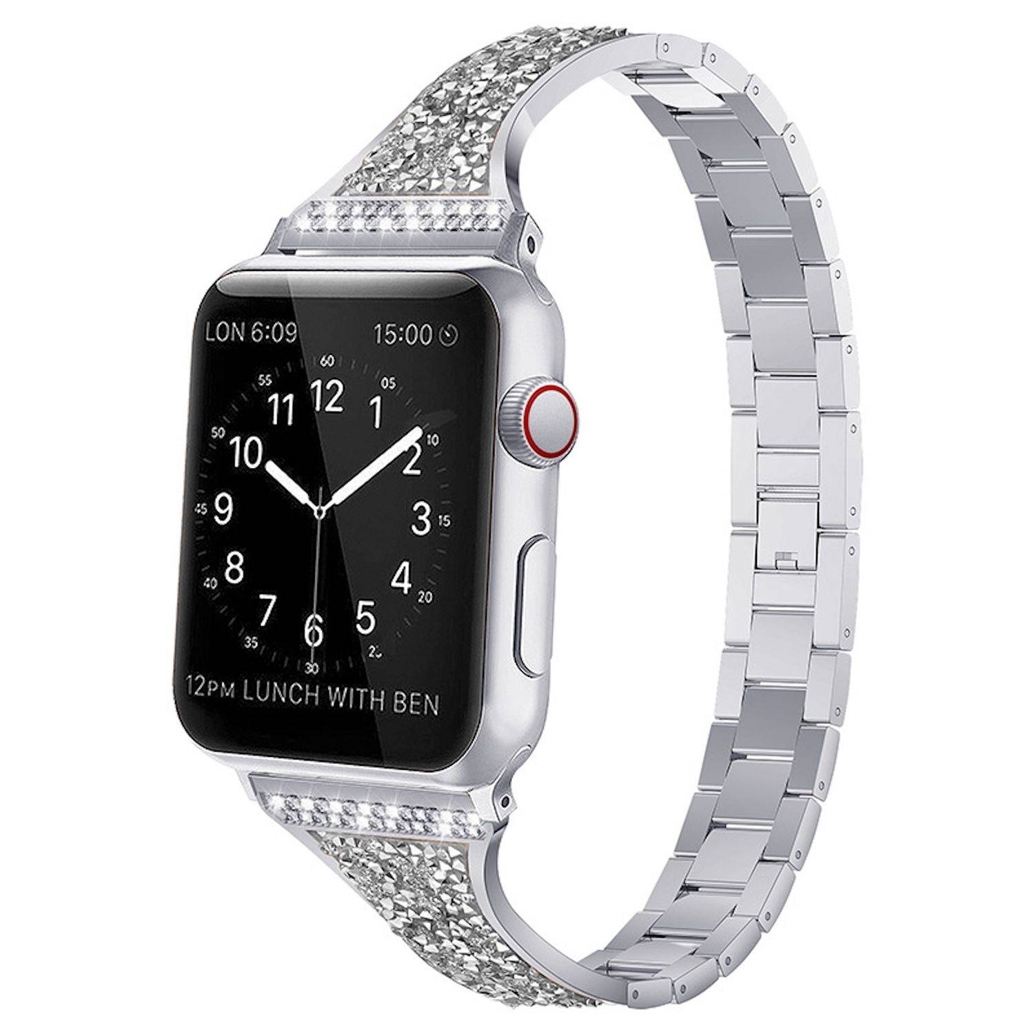 Silberne Apple Watch mit dekorativem Kristallband, zeigt ein analoges Zifferblatt und den Text „LUNCH WITH BEN