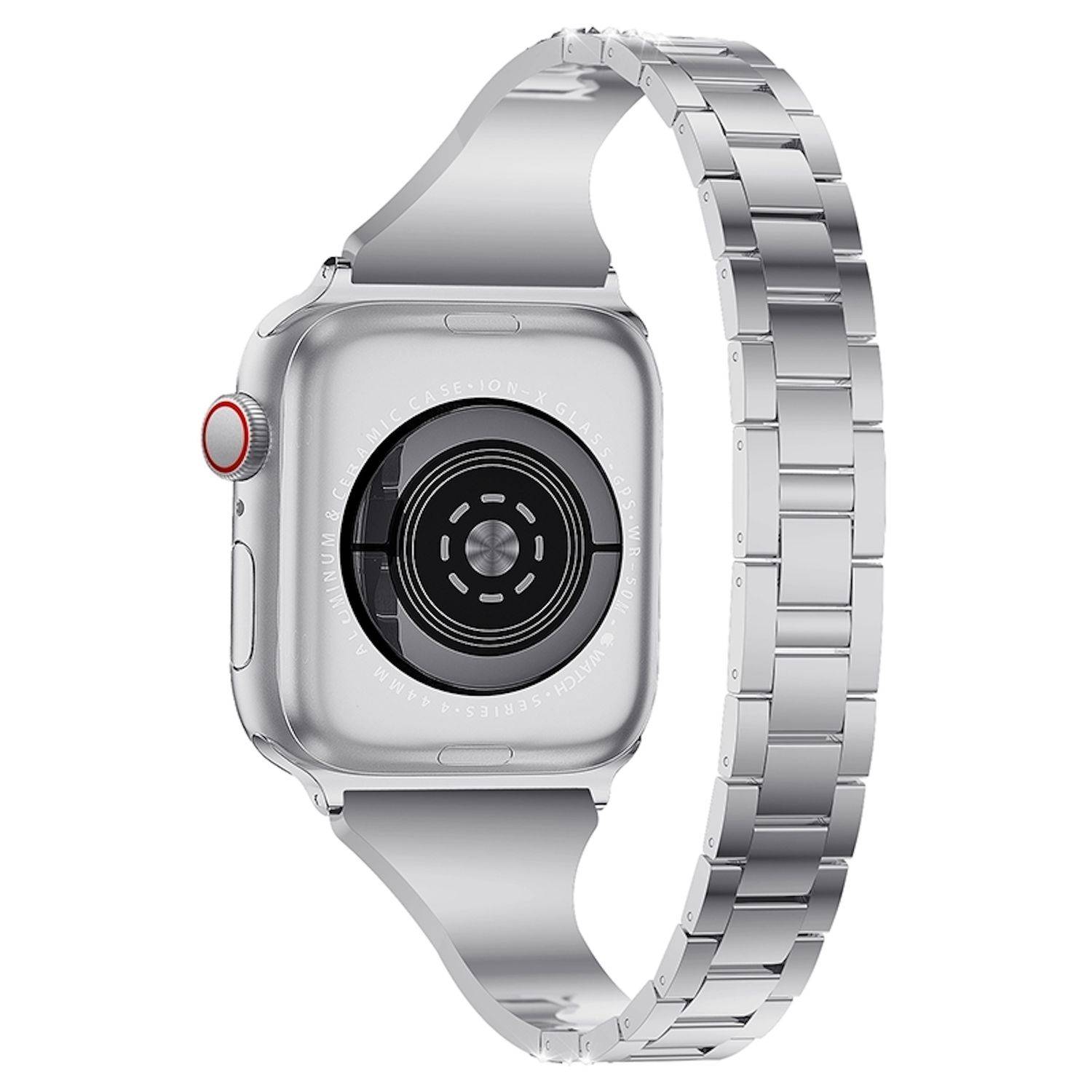 Rückansicht einer silbernen Apple Watch mit Metallgliedband, die den kreisförmigen Sensor und die rot akzentuierte digitale Krone auf weißem Hintergrund zeigt