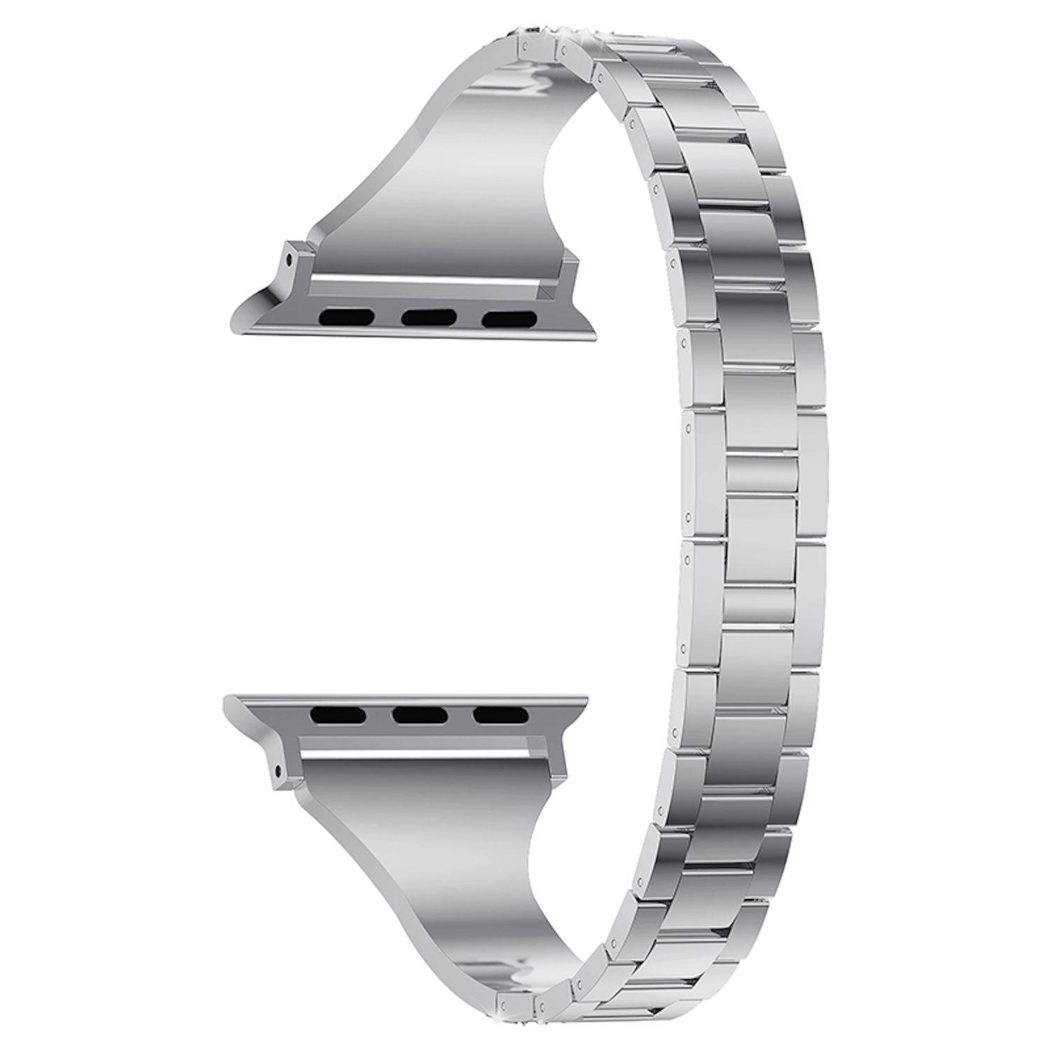 Smartwatch-Armband aus Silbermetall mit offenen Enden, isoliert auf weißem Hintergrund dargestellt.