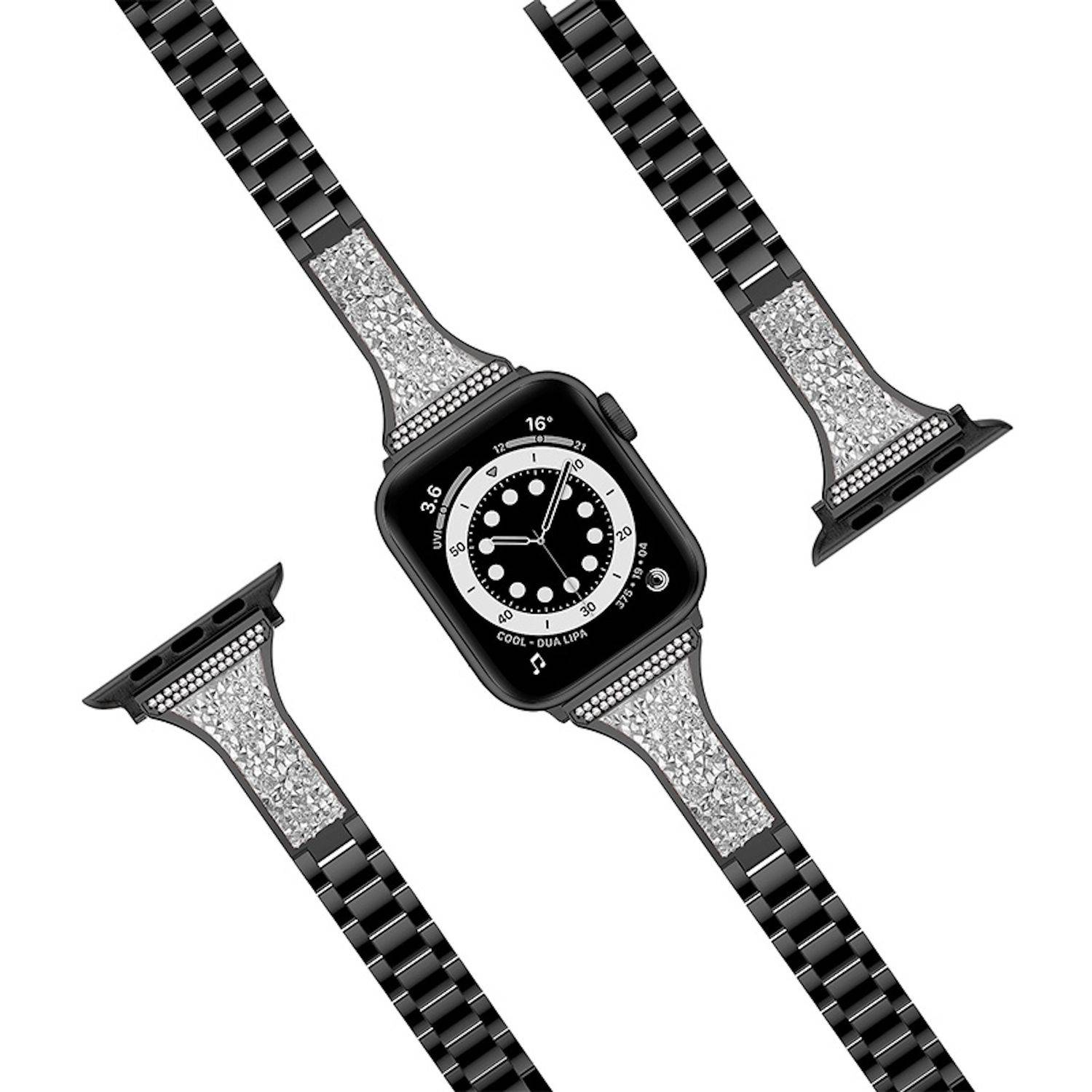 Schwarze Smartwatch mit verziertem Armband aus mehreren Blickwinkeln auf weißem Hintergrund, wobei das Zifferblatt und das Armband-Design hervorgehoben werden.