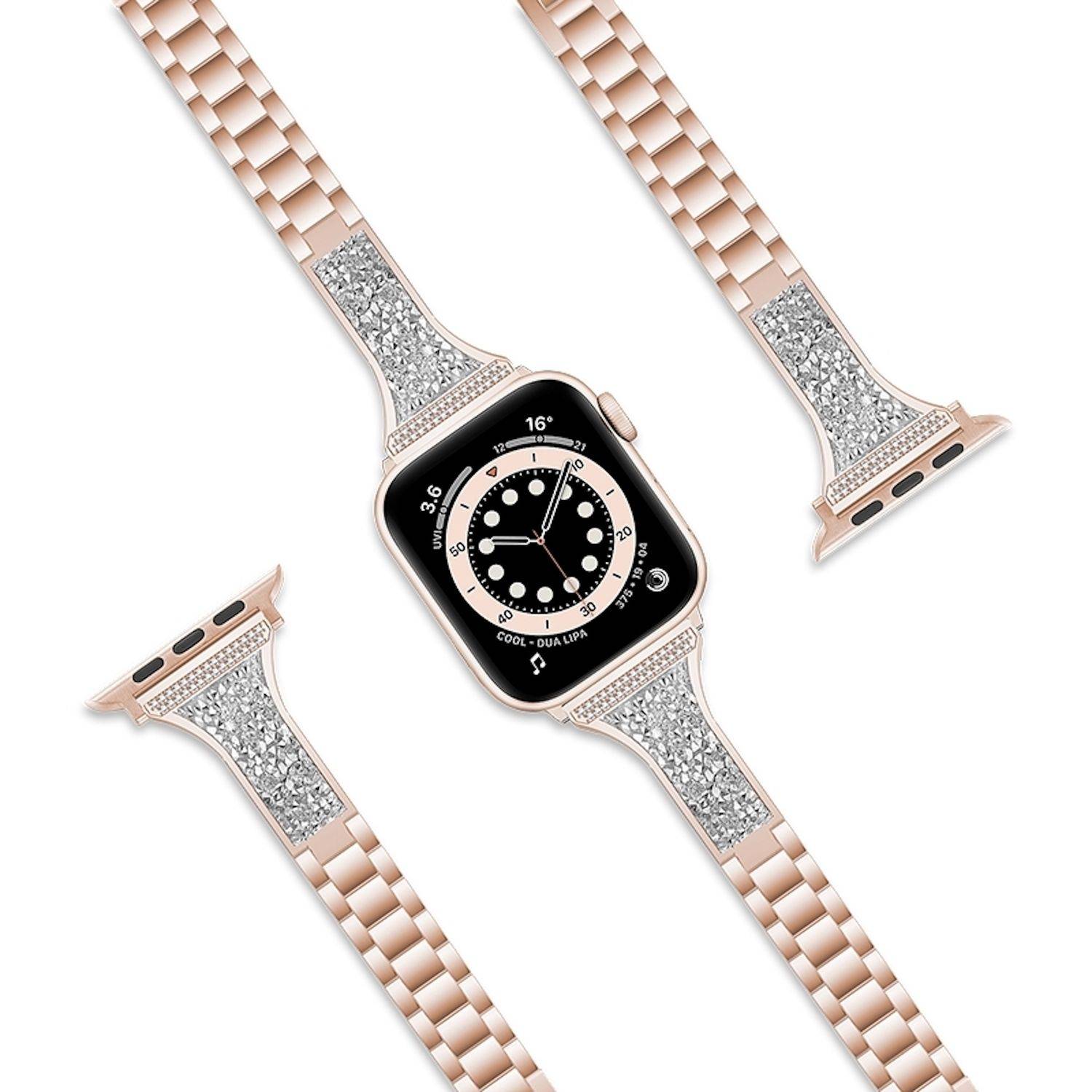 Rosegoldene Apple Watch mit glitzerndem Diamantarmband und zwei austauschbaren passenden Riemensegmenten auf weißem Hintergrund dargestellt.