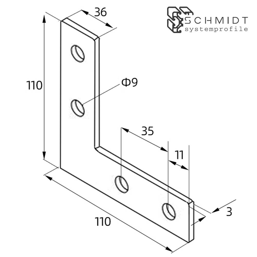 SCHMIDT systemprofile Verbinderplatte L 110x110x36mm Nut 8 Stahl verzinkt Flachwinkel Verbindungsplatte Aluprofil-Zubehör