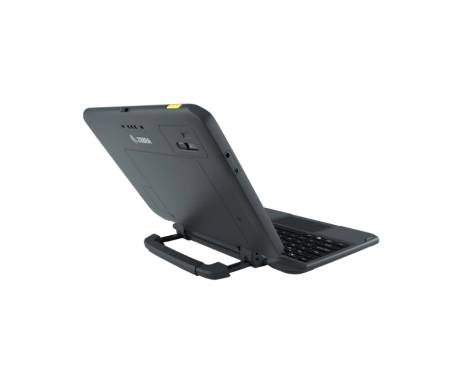 Robustes schwarzes Tablet in einer Schutzschutzhülle mit Tastatur angedockt, offen und angewinkelt auf weißem Hintergrund dargestellt.