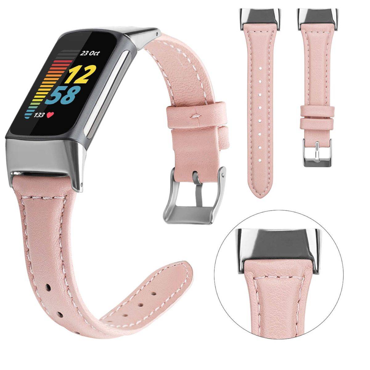 Für Fitbit Charge 6 / 5 Leder Sport Watch Armband Frauen Größe S Rosa