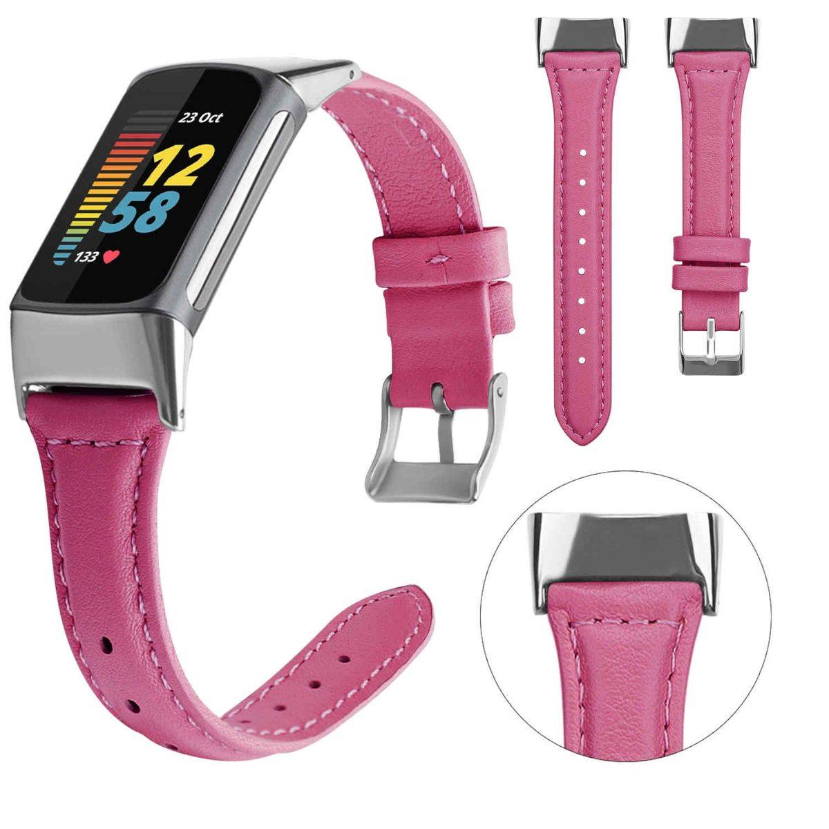 Für Fitbit Charge 6 / 5 Leder Watch Armband Frauen Größe S Pink