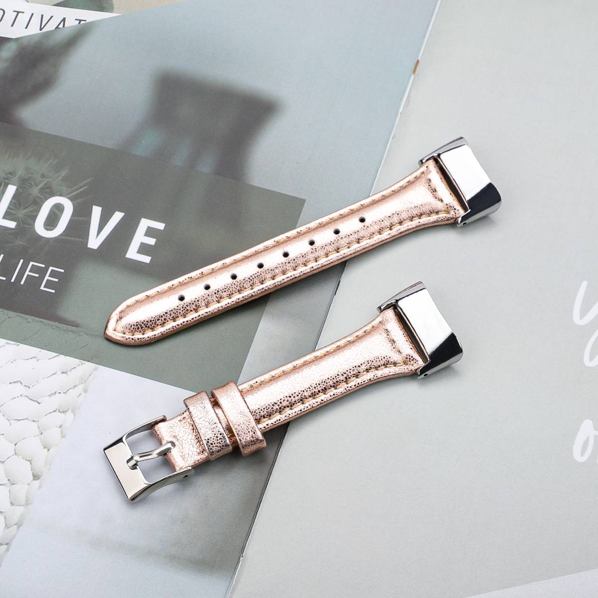 Für Fitbit Charge 6 / 5 Leder Watch Armband Frauen Größe S Rose Gold