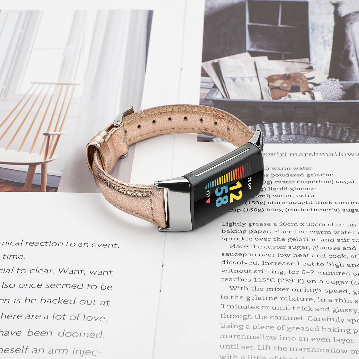 Für Fitbit Charge 6 / 5 Leder Watch Armband Frauen Größe S Rose Gold