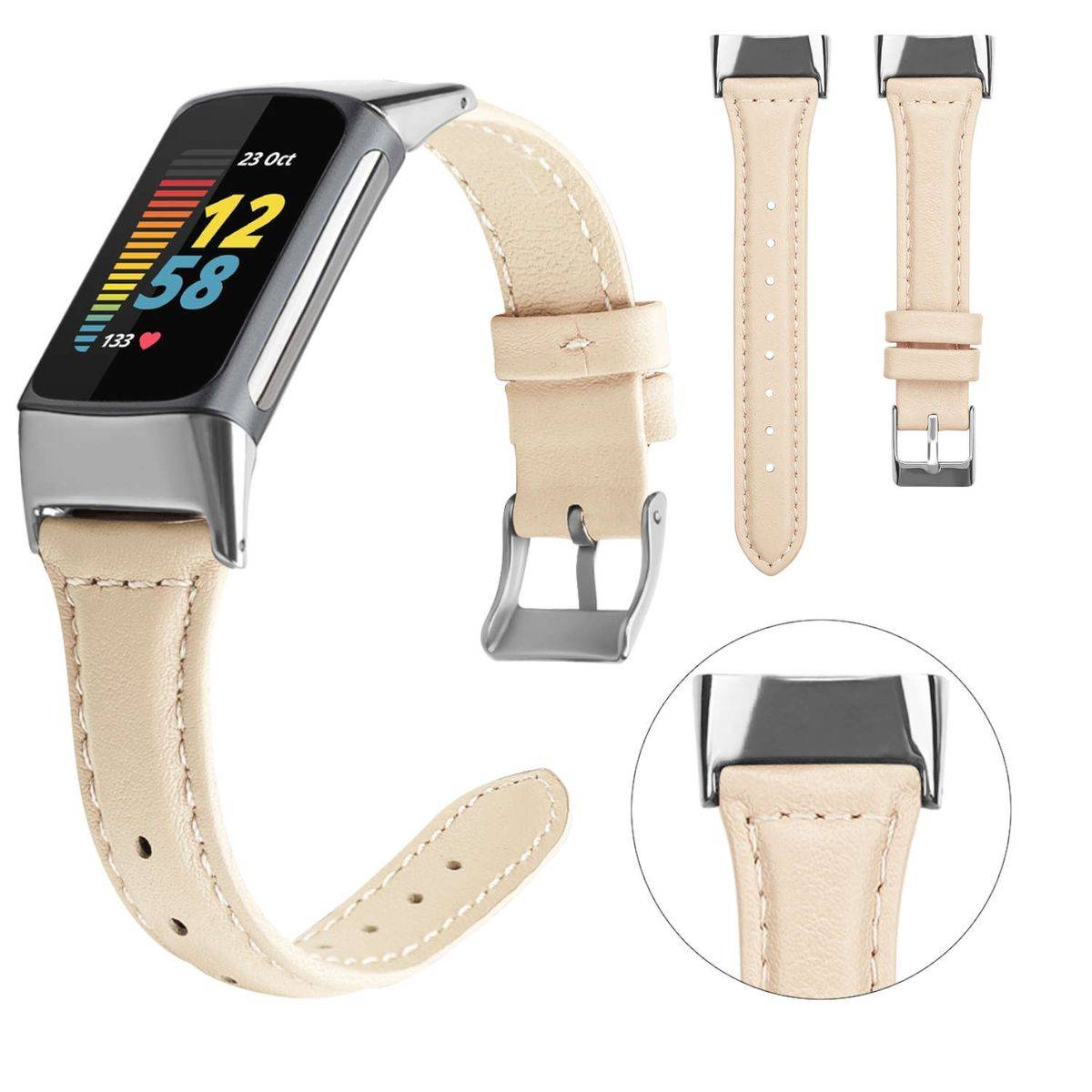 Für Fitbit Charge 6 / 5 Leder Watch Armband Männer Größe L Mint-Pink