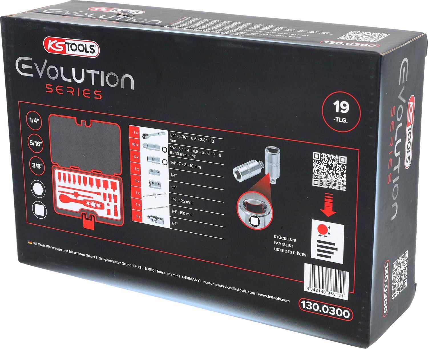 Ein Werkzeugset von KS Tools Solution Series, 19-teilig, inklusive Steckschlüsseln in verschiedenen Größen. Enthält einen QR-Code und die Produktnummer 130.0300.