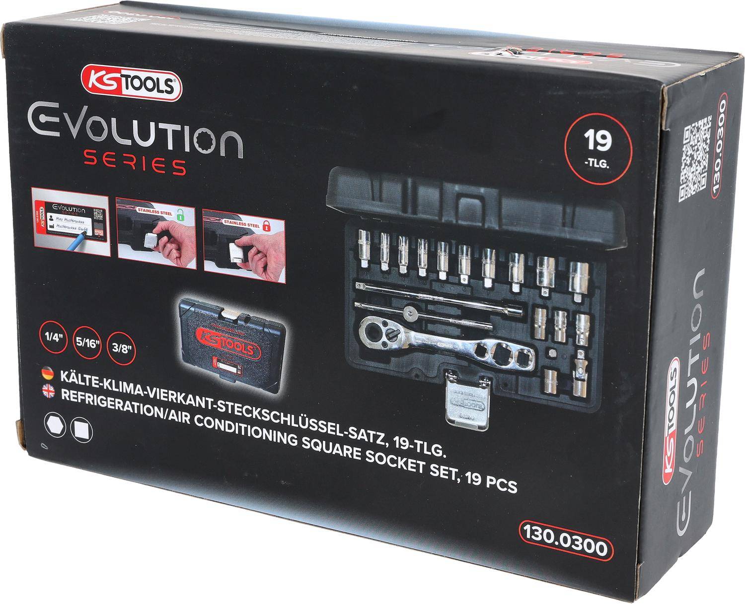 KS Tools Evolutionserie Steckschlüsselsatz-Box. Zeigt einen 19-teiligen Klimaanlagen-Quadratsteckschlüsselsatz mit Koffer, Referenznummer 130.0300.