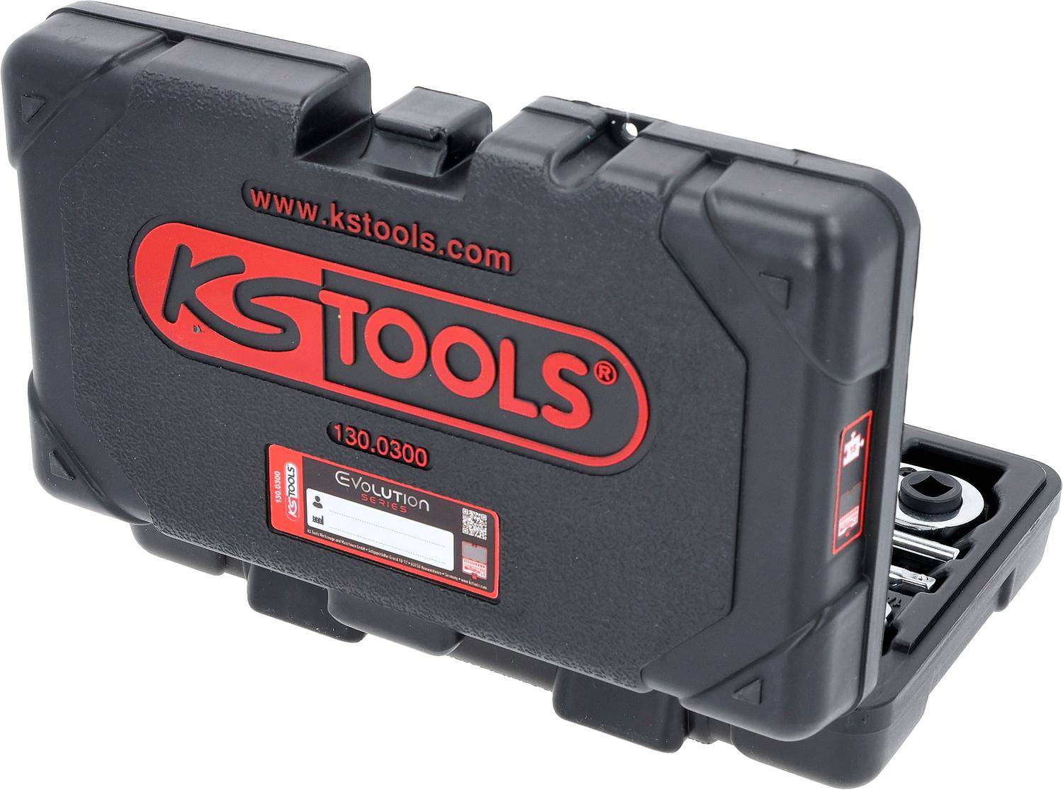 Eine schwarze KS Tools Tasche mit rotem Logo und Webadresse, verwendet zum Aufbewahren und Transportieren von Werkzeugen.