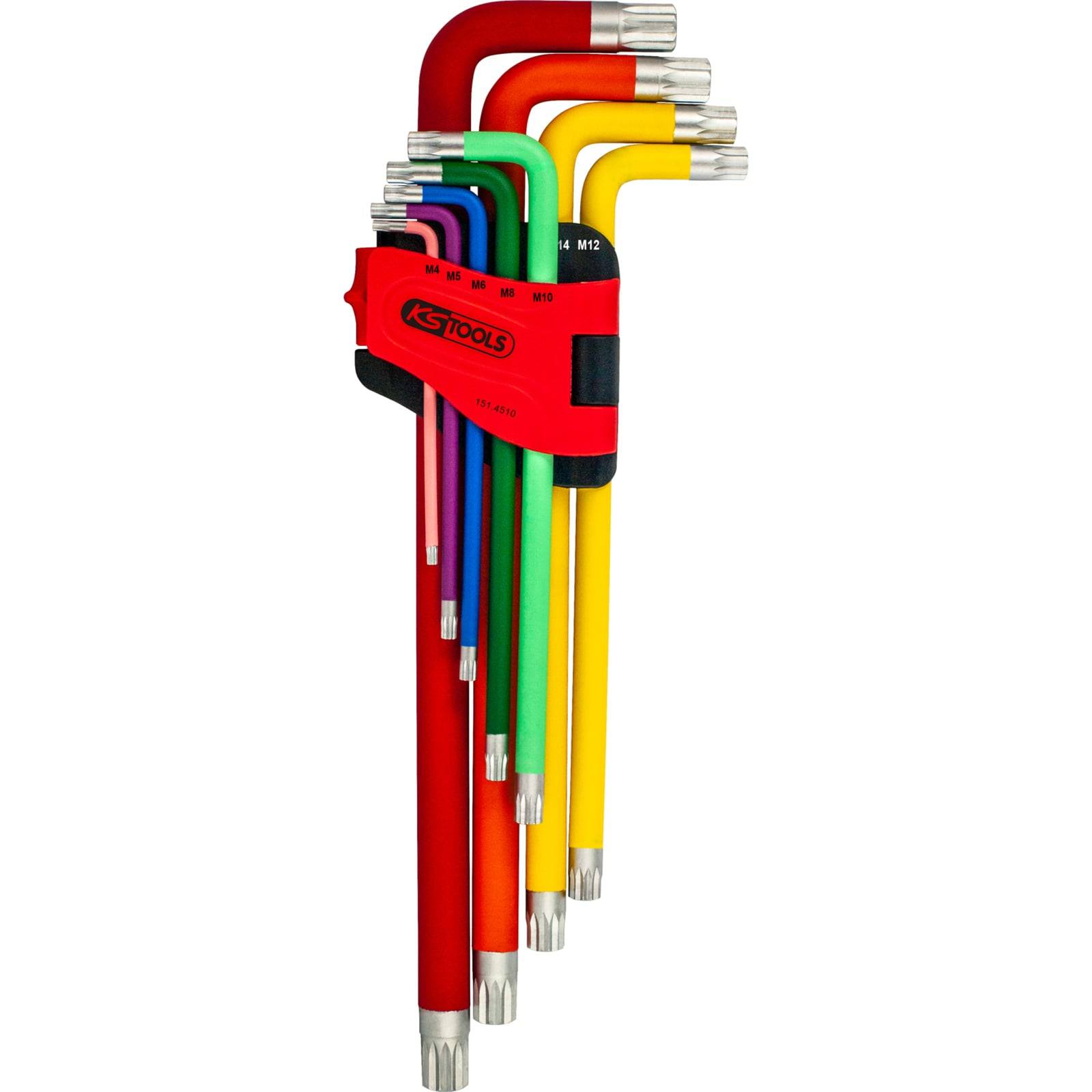 Ein Satz bunter Sechskantschlüssel in einem roten Halter mit der Aufschrift 'KS Tools'. Jeder Schlüssel hat eine andere Farbe, was verschiedene Größen anzeigt.