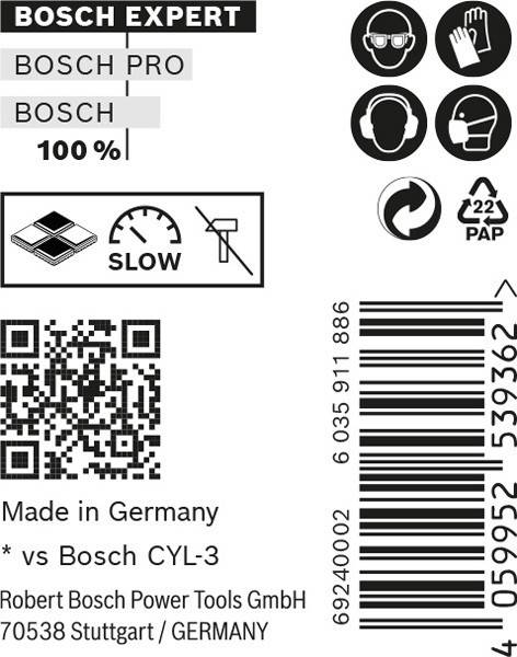 Bosch PRO, 100%,' Symbole für Schutzausrüstung und Recycling, QR-Code, 'Made in Germany,' '* im Vergleich zu Bosch CYL-3'.