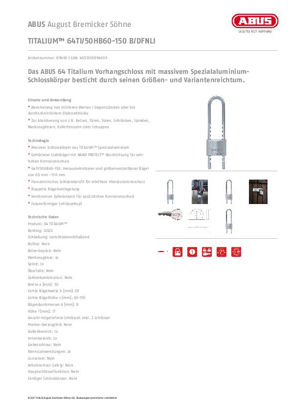 Zylindervorhangschloss 64TI/50HB60-150 Schlossk.-B.50mm Spez.-Alu.versch.-schl.