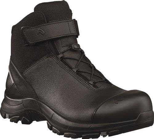 Ein schwarzer, robuster Wanderschuh mit hohem Schaftdesign, strapazierfähiger Sohle und sicherem Schnürsystem, geeignet für Outdoor-Aktivitäten.