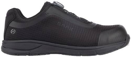 Ein schwarzer Sportschuh mit BOA-Schnürsystem, für Radfahren konzipiert, Seitenansicht mit Details zur Textur und Naht.